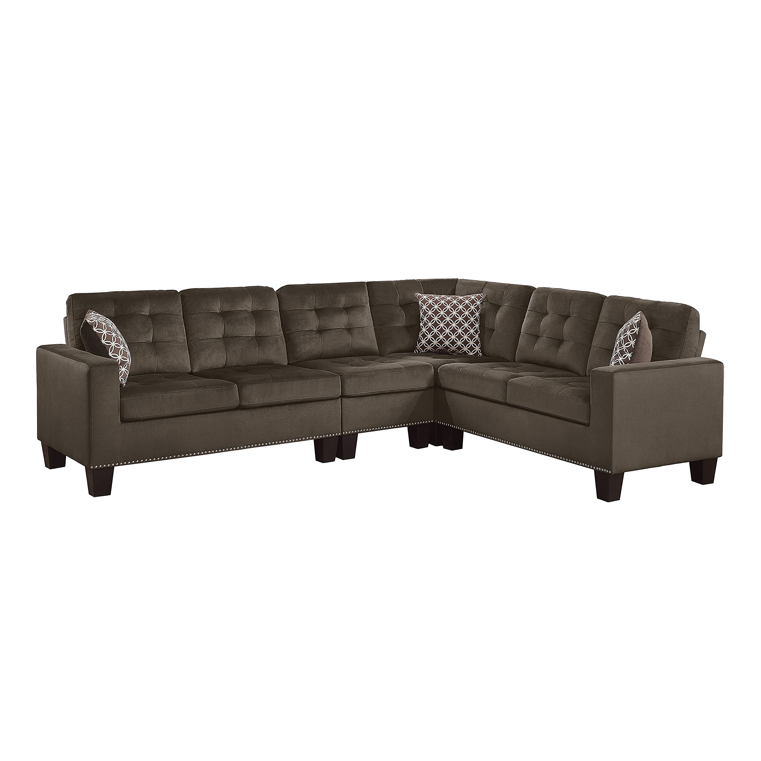 Lexicon L-Shaped Sectional Sofa for Living Room & Office - Traditional Chocolate Brown Couch with 3 Accent Pillows | Perfect for Small Spaces, Family Gatherings & Home Theater Seating