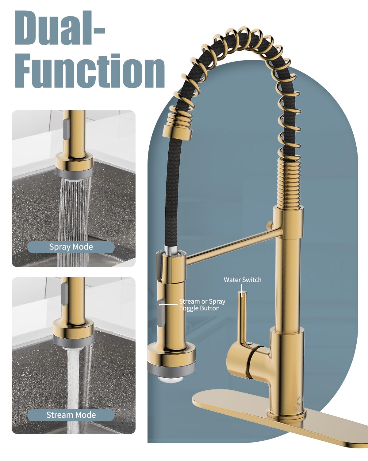 Brushed Gold LED Kitchen Faucet with Pull Down Sprayer, Soap Dispenser & Deck Plate - Single Handle Modern Faucet for RV, Camper, Farmhouse & Residential Kitchen Sinks | Perfect for Cooking, Washing Dishes & Food Prep