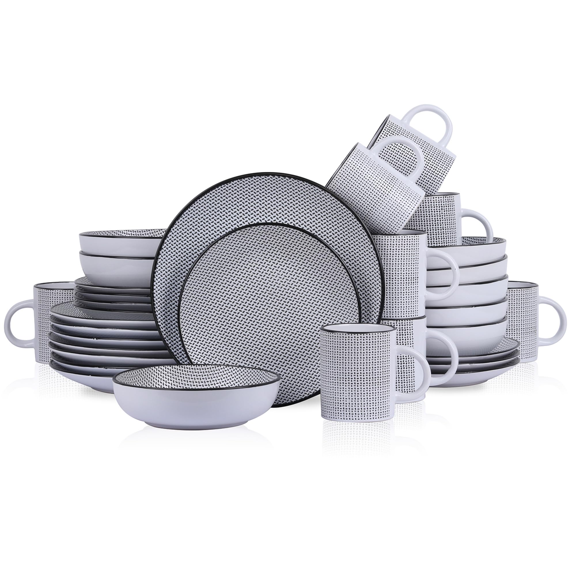 Stone Lain Daisy Stoneware 32-Piece Round Dinnerware Set - White and Black Floral Design for Everyday Dining & Entertaining | Durable Porcelain Plates, Bowls & Mugs | Dishwasher & Microwave Safe