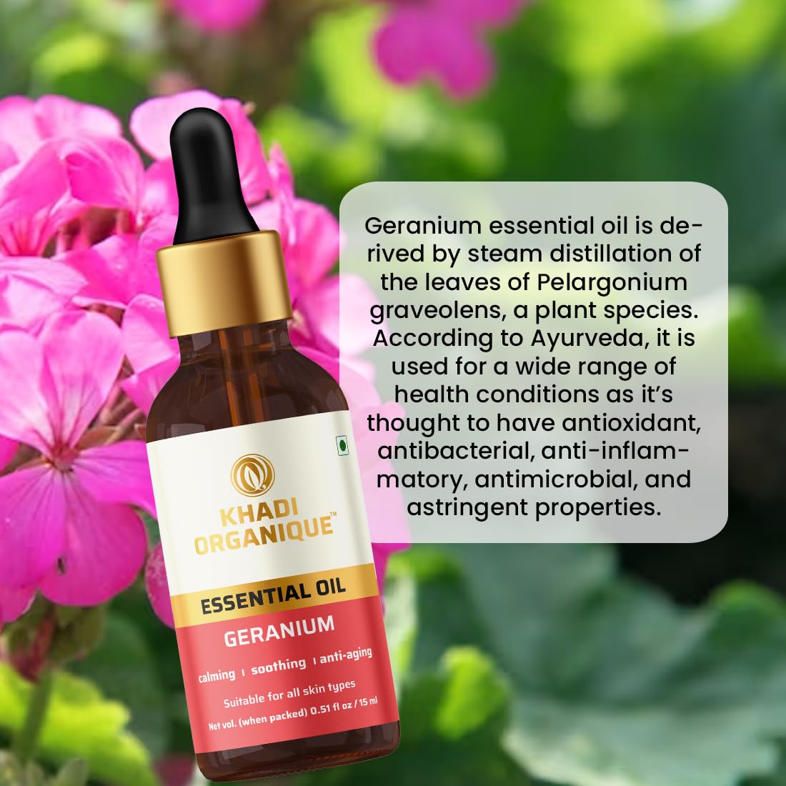 Khadi Organique Geranium Essential Oil 15ml - Pure Aromatherapy Oil for Relaxation, Skin Care & Massage | Perfect for Diffusers, Bath & DIY Beauty Products