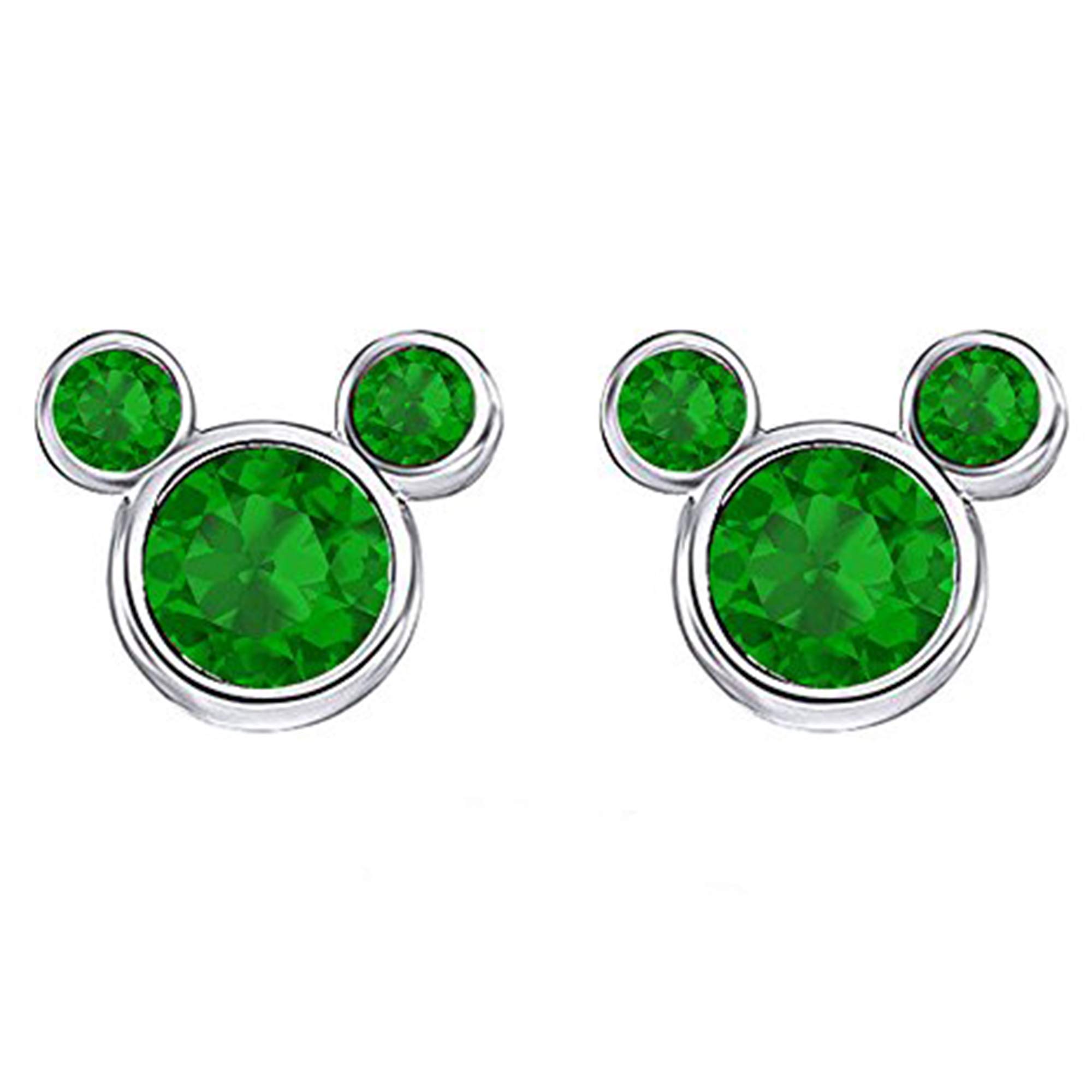 14K White Gold Plated Silver Simulated Emerald Mickey Mouse Stud Earrings for Women (2.50 Ct) | Disney Inspired Jewelry | Perfect Gift for Birthdays, Anniversaries & Disney Fans