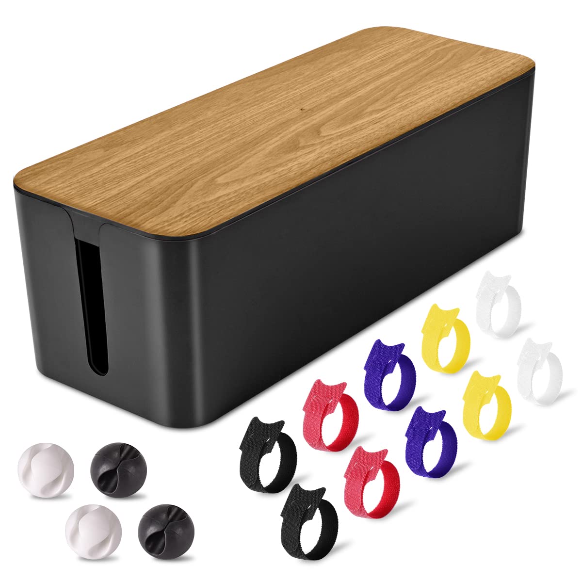 Wooden Grain Cable Management Box Large - Hide Wires & Power Strips for TV, Desk, Computer | Includes Cable Clips & Reusable Ties | Perfect for Home & Office Organization (Black) | Ideal for Living Room, Bedroom, and Workspace Setup