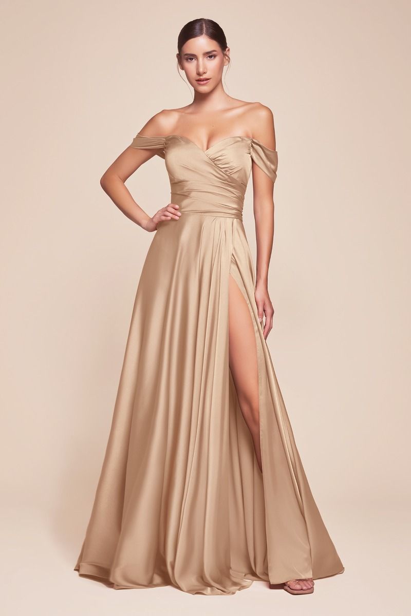 Champagne Gold A-Line Soft Satin Off-the-Shoulder Dress - Jillian Gown for Evening Parties, Weddings & Special Occasions
