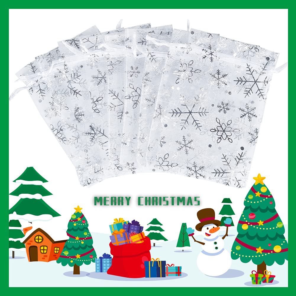YQL 4x6 Inch Snowflake Organza Bags - 100PCS White Gift Pouches for Christmas, Jewelry & Weddings