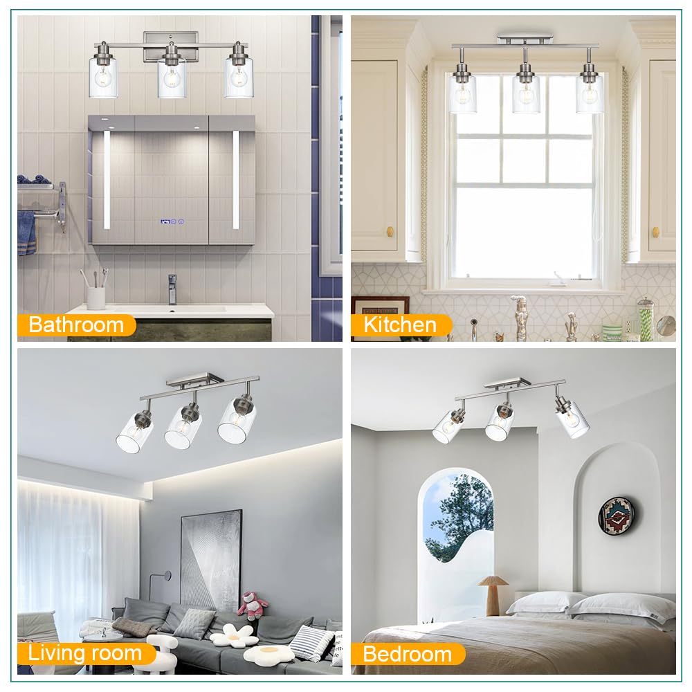 Modern Track Lighting Kit - Brushed Nickel Bathroom Vanity Light with Clear Glass Shade - 3 Adjustable Ceiling Spotlights for Kitchen, Living Room & Bedroom - Industrial Style Lighting Fixture for Home Decor