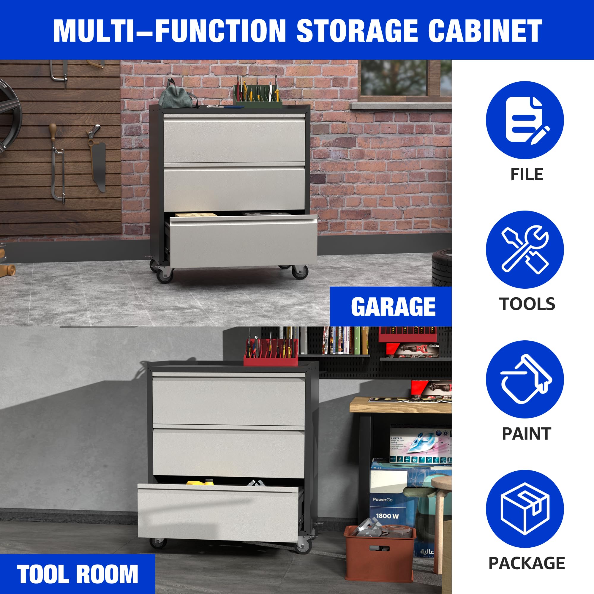 Aobabo 3-Drawer Rolling Tool Chest - Heavy-Duty Metal Garage Storage Cabinet with Wheels, Black/Gray (Assembly Required) - Perfect for Workshop, Garage & Home Organization
