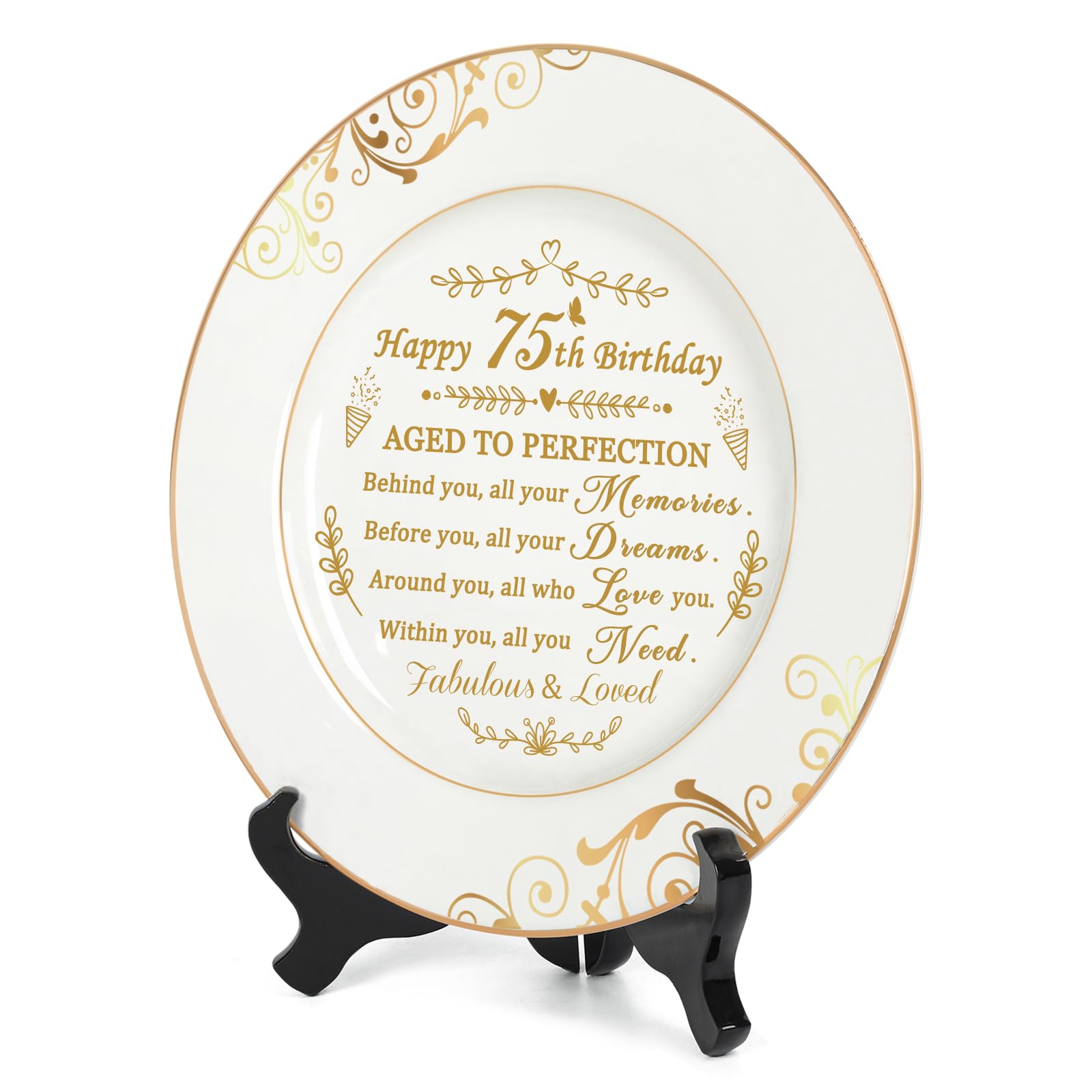 75th Birthday Gifts for Women & Men - Elegant 9 Inch Commemorative Plate with 24K Gold Foil Decorations | Perfect Retirement Gift for Parents, Wife, Husband | Great for Milestone Celebrations & Home Decor