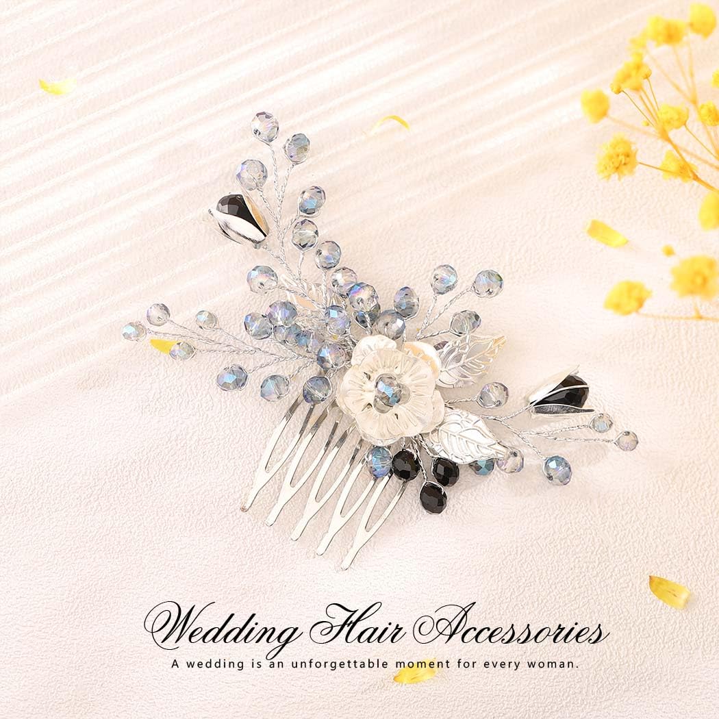 Elegant Silver Bridal Flower Hair Comb with Rhinestones & Beads - Leaf Design Wedding Hair Accessories for Women & Girls - Perfect for Brides, Bridesmaids, and Special Occasions
