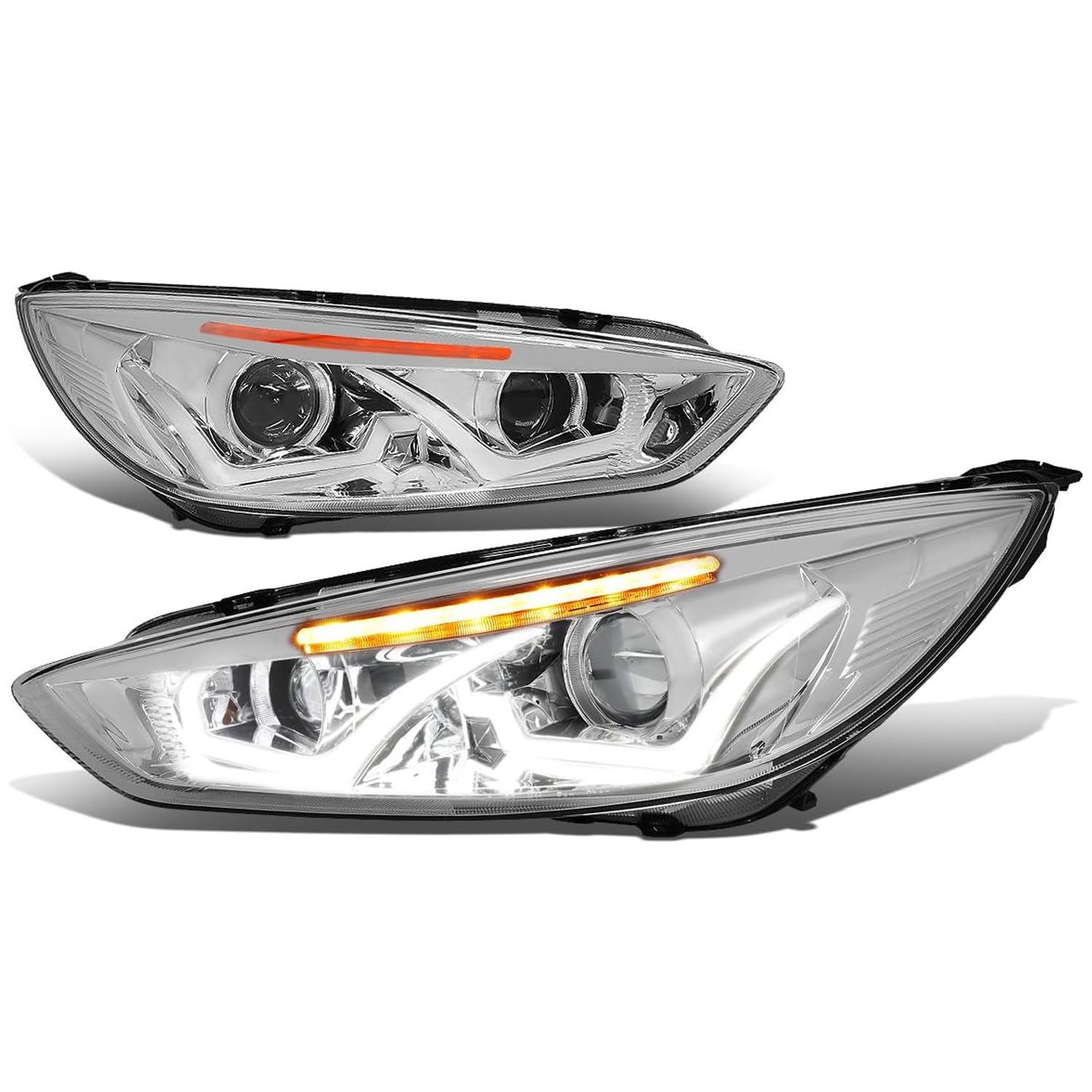 Auto Dynasty LED DRL Headlights Assembly for 2015-2018 Ford Focus - Driver & Passenger Side Replacement with Projector Low Beam & Chrome Housing (Amber Corner) | Perfect for Night Driving & Car Upgrades