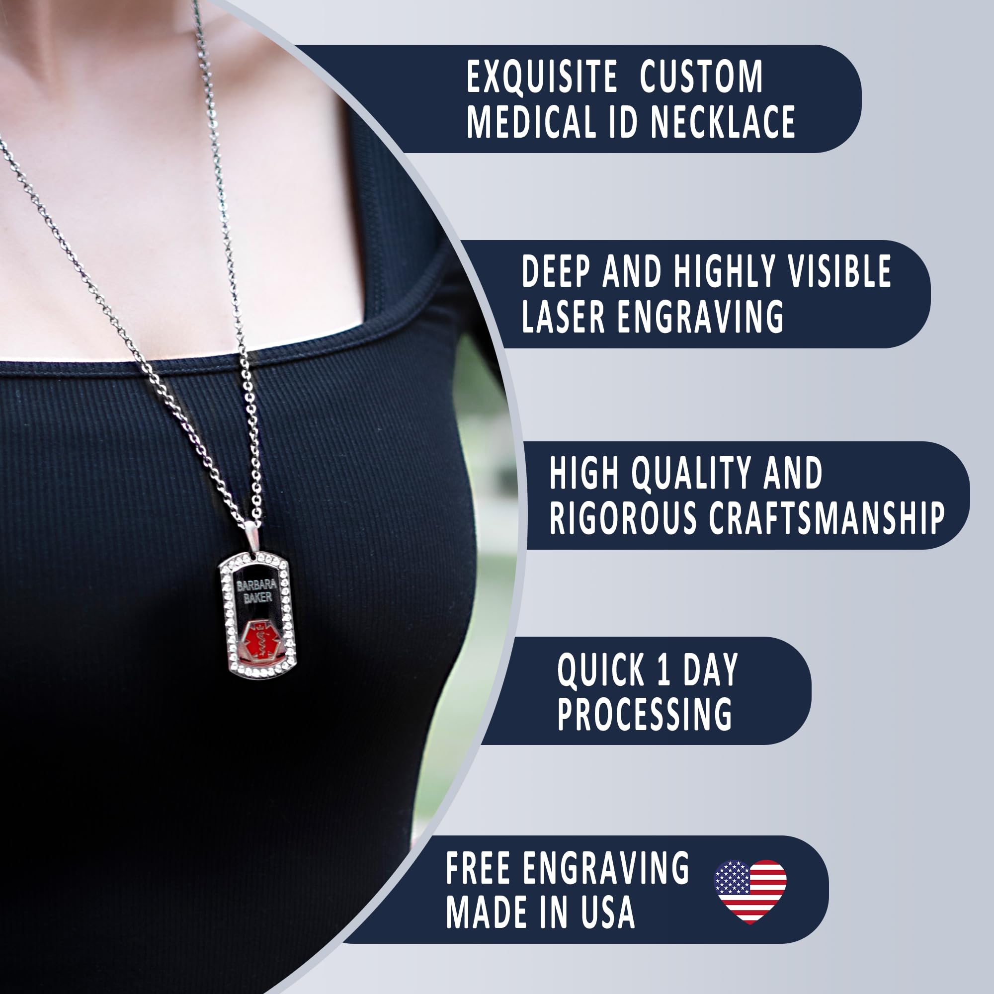 Divoti Pure Titanium Medical Alert Necklace for Women - Custom Engraved Dog Tag Medical ID Necklace with 24