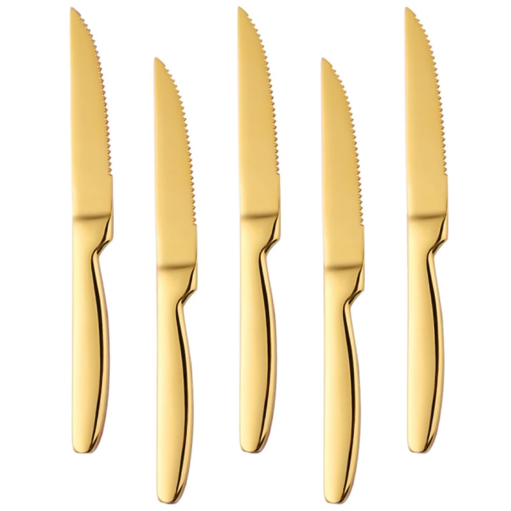 Premium 5-Piece Steak Knife Set - Serrated Heavy Duty Stainless Steel Blades for Cutting Steak, Chicken & Bread - Ergonomic One-Piece Handle - Perfect for BBQ, Dinner Parties & Restaurant Use