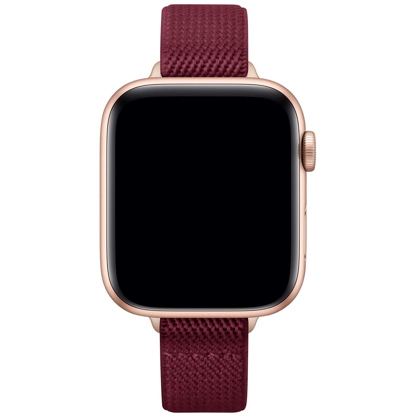 SICCIDEN Slim Stretchy Apple Watch Bands 38mm/40mm/41mm/42mm/44mm/45mm/46mm/49mm - Elastic Nylon Thin Strap Compatible with iWatch Ultra 2/1, SE & Series 10/9/8/7/6/5/4/3/2/1 - Women's Fashion Sport Band (Wine Red/Rose Gold) - Perfect for Workouts, Running & Everyday Wear