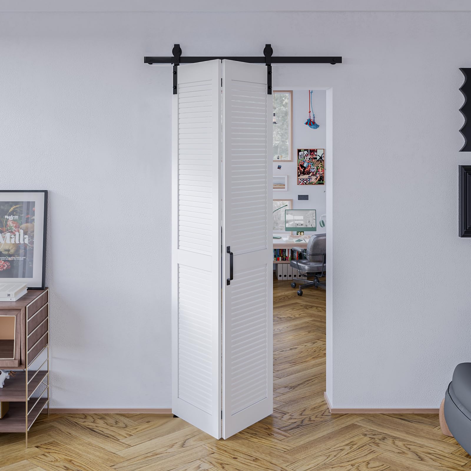 30in x 84in White MDF Bifold Sliding Barn Door with Louver Design - Includes 3.3FT Track & Hardware for Easy DIY Assembly - Perfect for Closets, Bedrooms & Farmhouse Style Homes