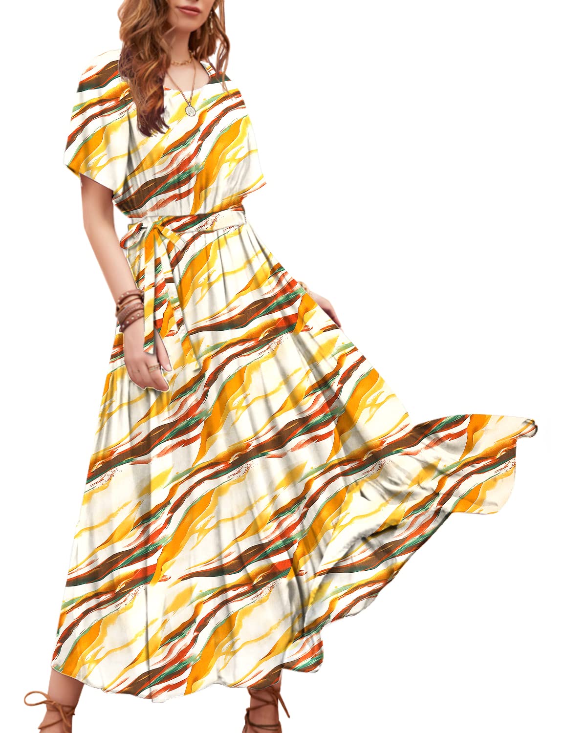 YESNO Women's 2022 Summer Floral Boho Maxi Dress with Belt - Casual Short Sleeve Beach Dress for Vacation, Outdoor Parties & Date Nights | Style E68