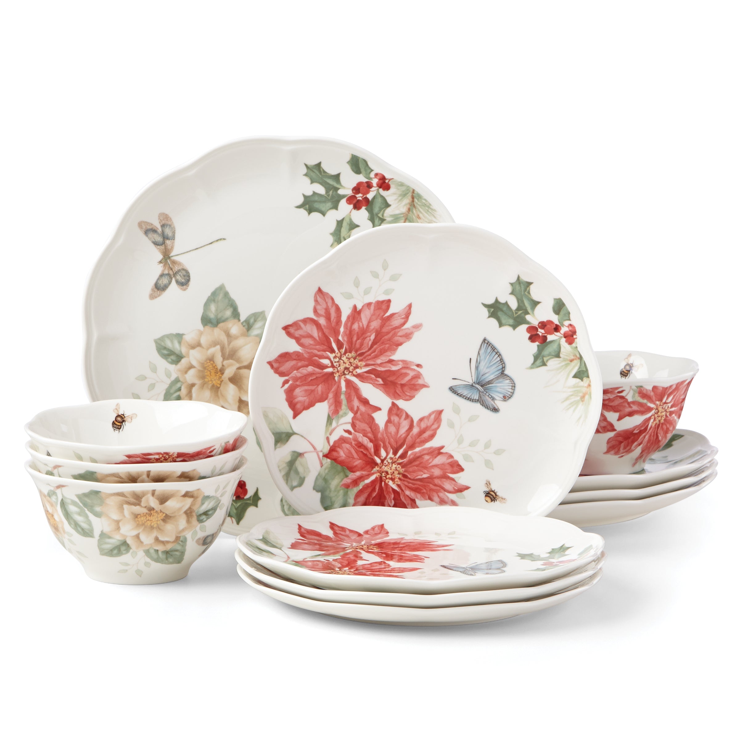 Butterfly Meadow Holiday 12-Piece Dinnerware Set - Elegant Porcelain Plates, Bowls & Mugs for Christmas, Thanksgiving & Family Gatherings