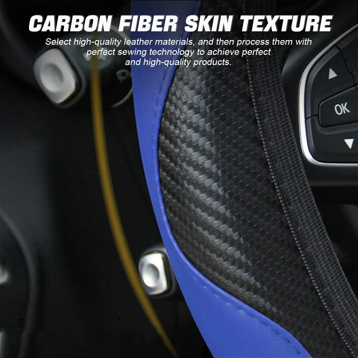 Premium 15 Inch Car Steering Wheel Cover - Microfiber PU Leather with Carbon Fiber Design | Anti-Slip, Breathable & Universal Fit for Most Vehicles | Perfect for Daily Commute, Road Trips & Enhanced Driving Comfort (Black/Blue) - Car Interior Accessories for Men & Women