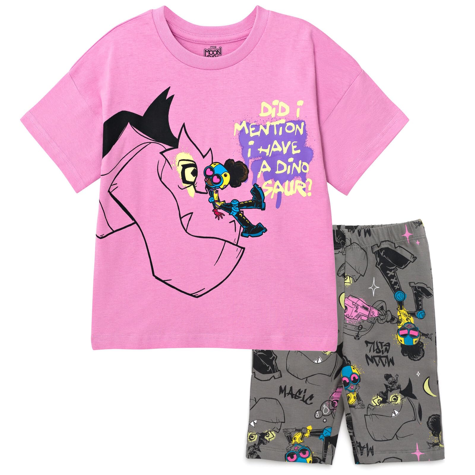 Marvel Moon Girl and Devil Dinosaur Oversized Drop Shoulder T-Shirt & Bike Shorts Outfit Set for Girls (Little Kid to Big Kid) - Perfect for Cosplay, Comic Con & Superhero Themed Parties