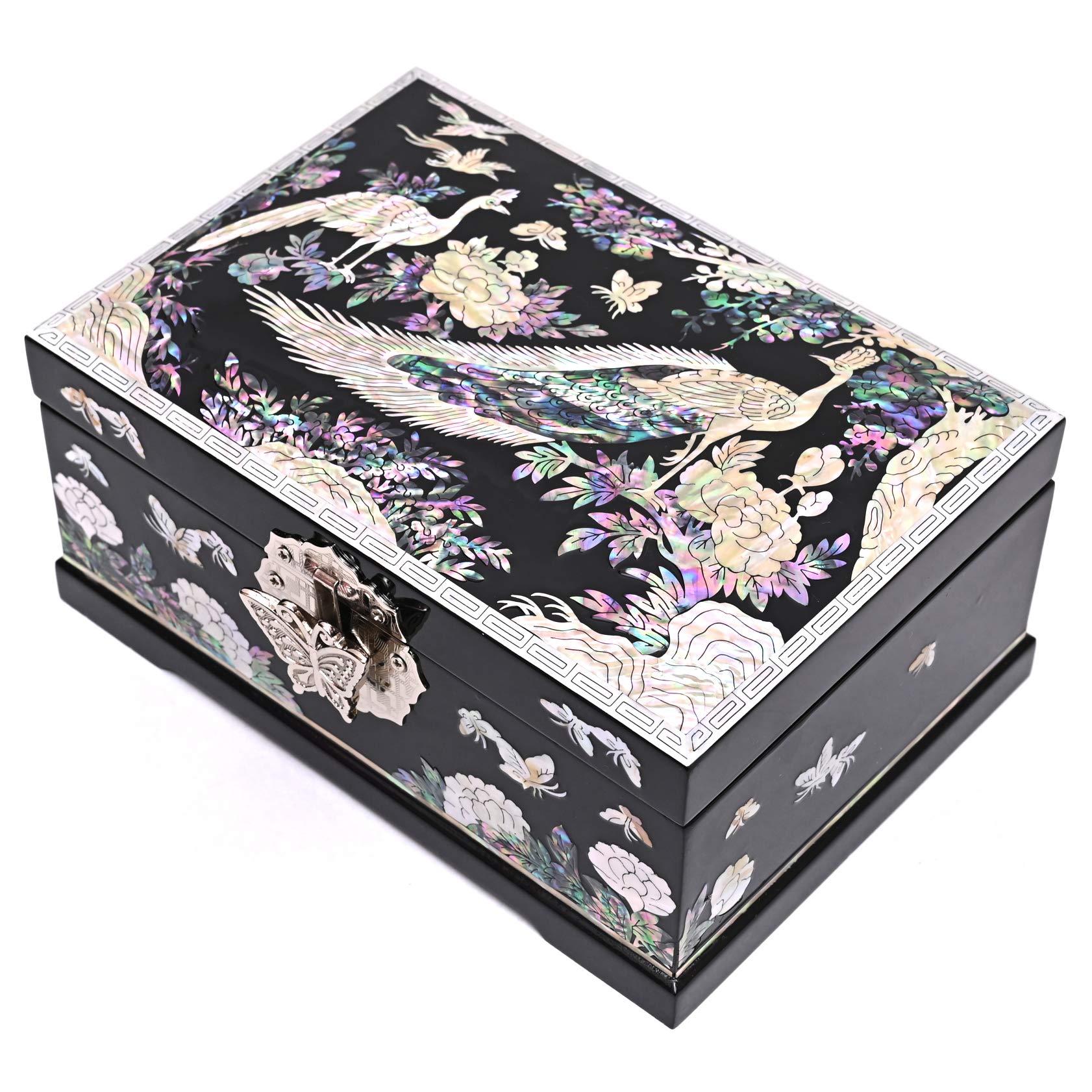 Elegant MADDesign Mother of Pearl Jewelry Box with Mirror Lid - 2-Tier Peacock Design in Black | Perfect for Ring & Earring Storage, Vanity Organizer & Gift for Women