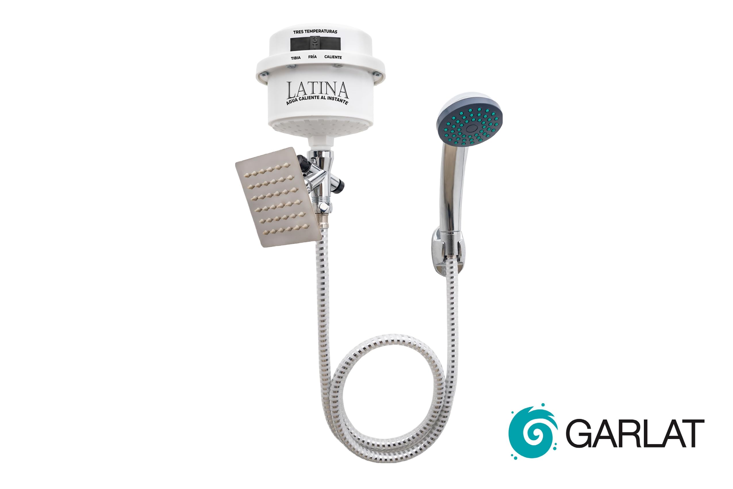 LATINA Tankless Electric Shower Heater with 3-Temperature Settings - Instant Hot Water System with Handheld Shower Head & Square Plate (120V LT13) - Perfect for Bathroom, RV, Camping & Off-Grid Living