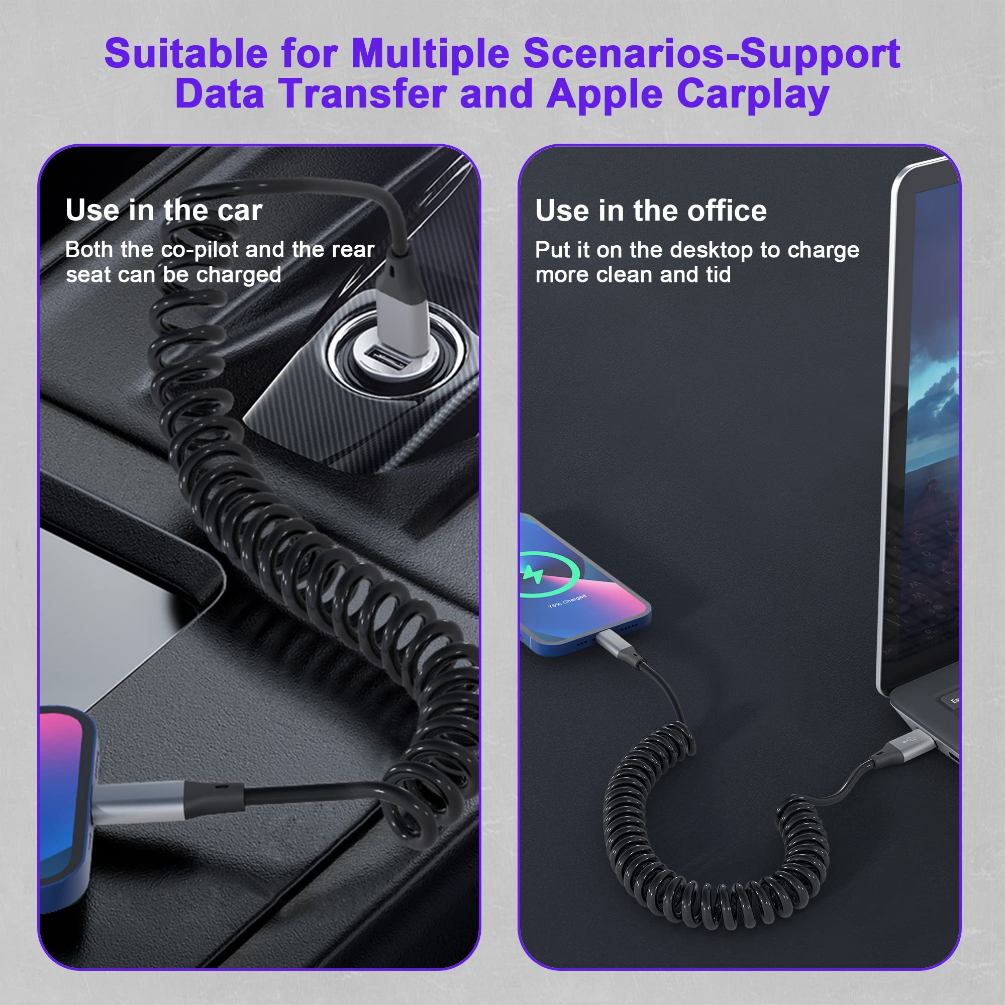 Apple MFi Certified Coiled Lightning Cable - Retractable iPhone Charger with Fast Charging & Data Sync, Short iPhone Charging Cord Compatible with iPhone/iPad/iPod (Perfect for Carplay, Home & Office Use)