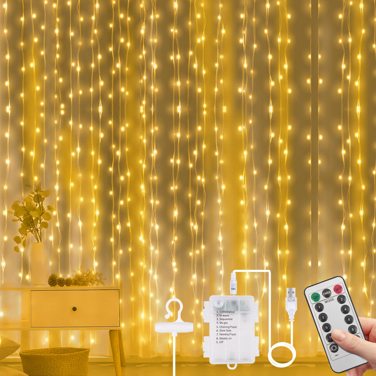 Vicloon 300 LED Fairy Curtain Lights - 9.8x9.8ft Warm White Waterproof String Lights with Remote Control, 8 Lighting Modes, USB/Battery Powered for Indoor & Outdoor Decor - Perfect for Bedrooms, Weddings, Parties, and Garden Decorations