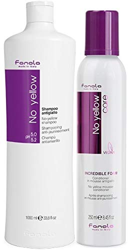 Fanola No Yellow Shampoo & Conditioner Set for Blonde & Gray Hair - 1000ml Purple Shampoo + 250ml Foam Conditioner - Neutralizes Brassiness, Enhances Shine - Perfect for Salon & Home Hair Care