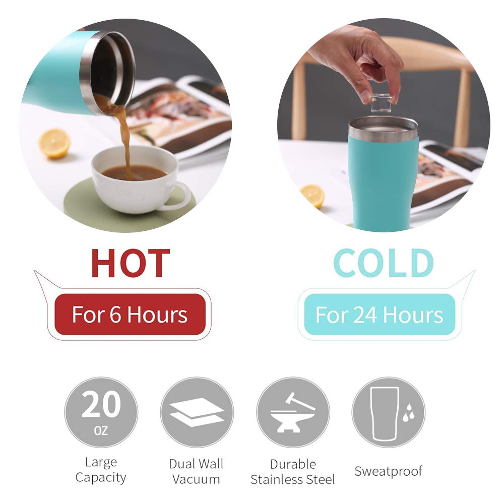 20 oz Stainless Steel Tumbler with Lid - Double Wall Vacuum Insulated Travel Mug - Leakproof Coffee Cup for Hot & Cold Drinks - Perfect for Office, Commuting, Camping & Gym (Mint Green, 4-Pack) - Keep Beverages Hot 12Hrs/Cold 24Hrs
