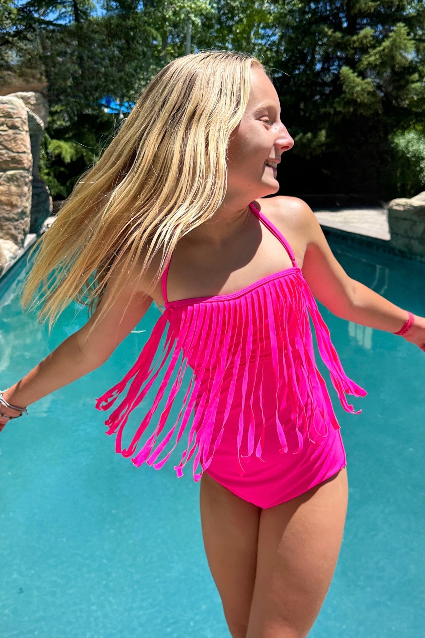 Neon Pink Fringe One Piece Swimsuit - Sexy High Cut Bathing Suit for Women - Perfect for Pool Party, Beach Vacation & Summer Fashion