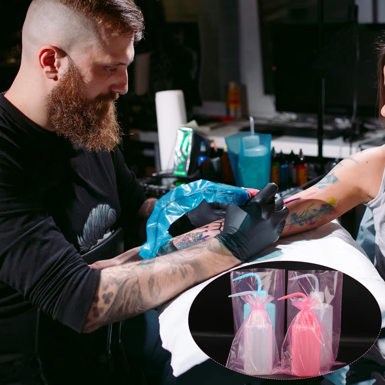 500PCS Disposable Pink Tattoo Wash Bottle Bags - Squeeze Bottle Sleeves for Tattoo, Dental & Beauty Supplies - Hygienic Cleaning Bags for Tattoo Artists, Dentists & Salons (Great for Ink Storage, Equipment Protection & Sanitary Workspaces)