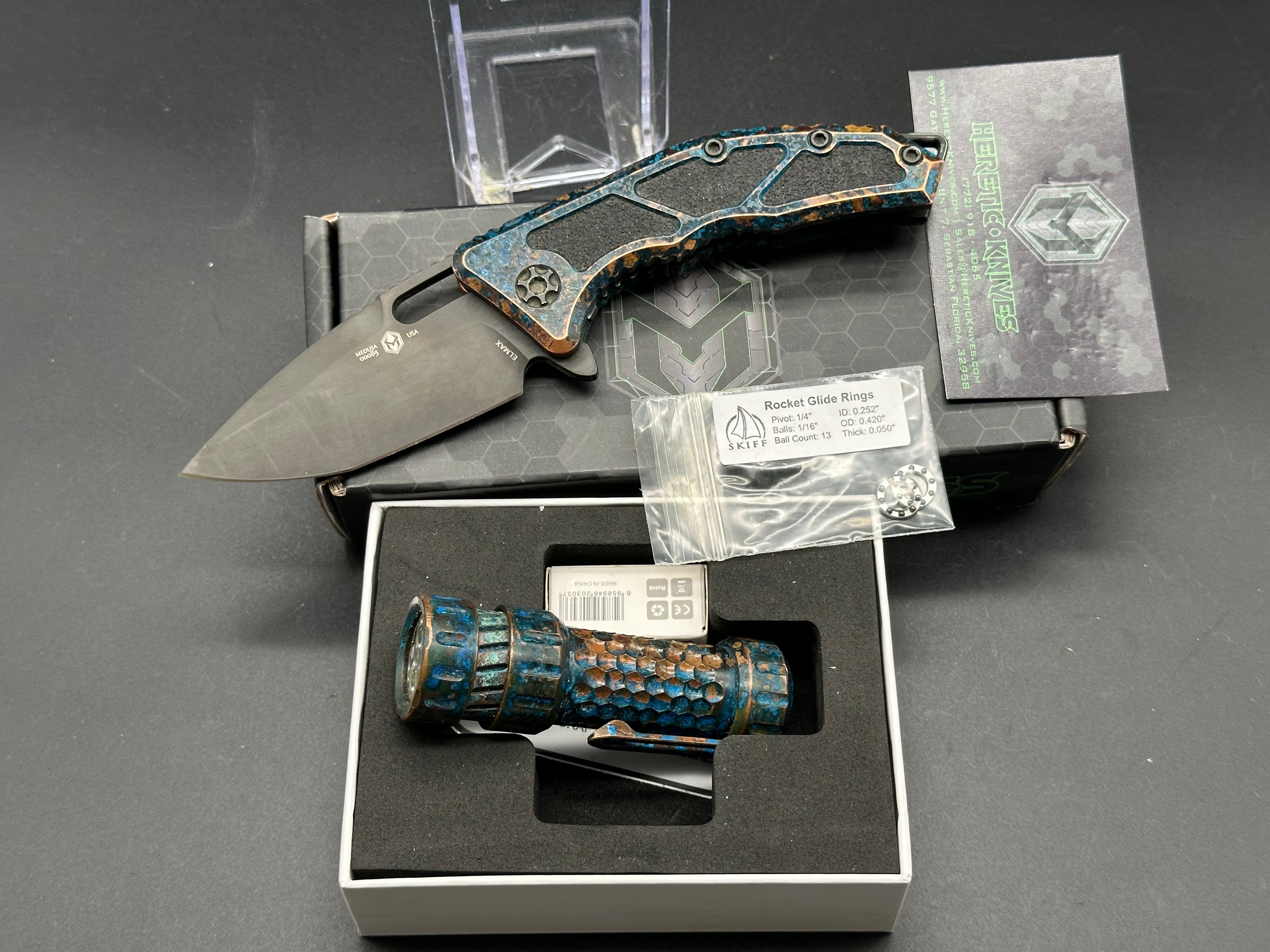 Heretic Knives Medusa Flipper Folding Knife & Mechforce Tactical Flashlight Set with Chemtina Finish - EDC Gear for Camping, Hiking, Survival and Outdoor Adventures