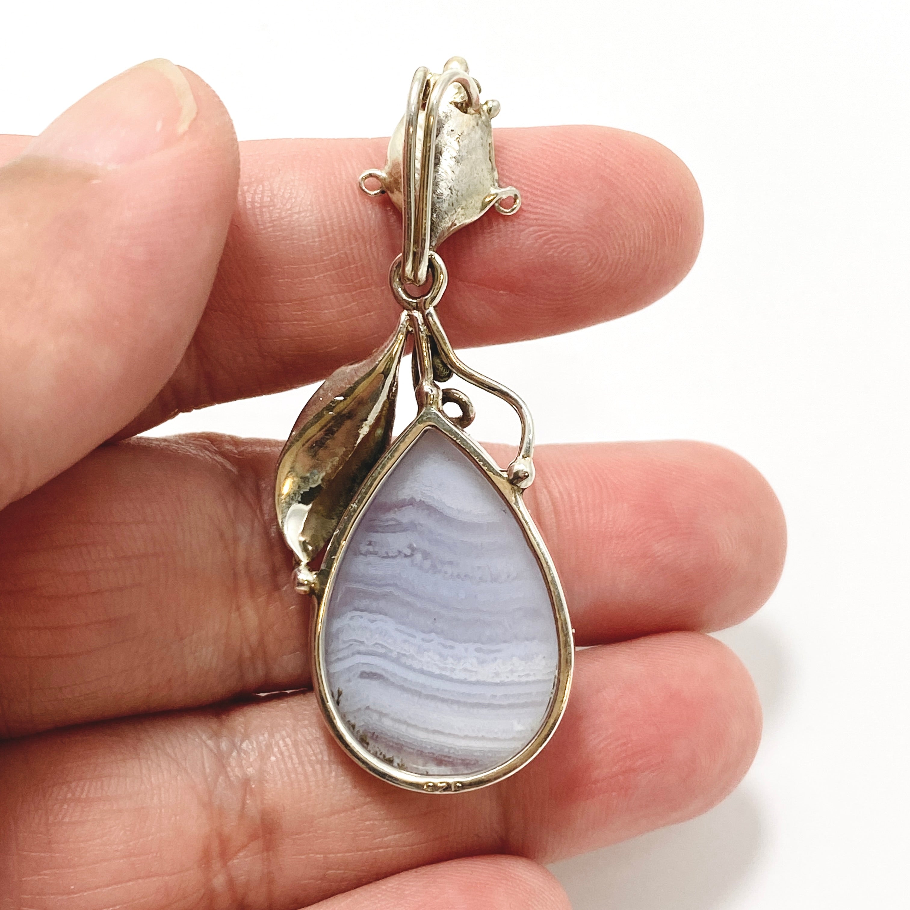 Blue Lace Agate Teardrop Cabochon Pendant Necklace - Natural Stone Jewelry with Botanical Setting PPGJ989 - Perfect for Boho Style, Meditation & Spiritual Healing