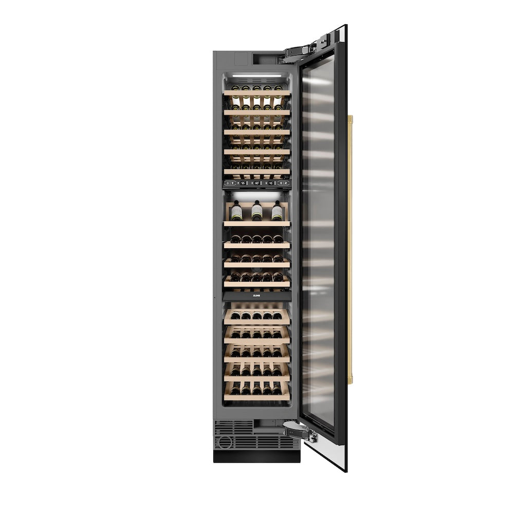 ZLINE Autograph Edition 18 Inch 9.0 cu ft Triple Zone 68 Bottle Right Hinge Column Wine Cooler - Black Stainless Steel with Polished Gold Accents (RCWVRZ BS 18 G) | Perfect for Home Bars, Wine Cellars & Entertaining Spaces