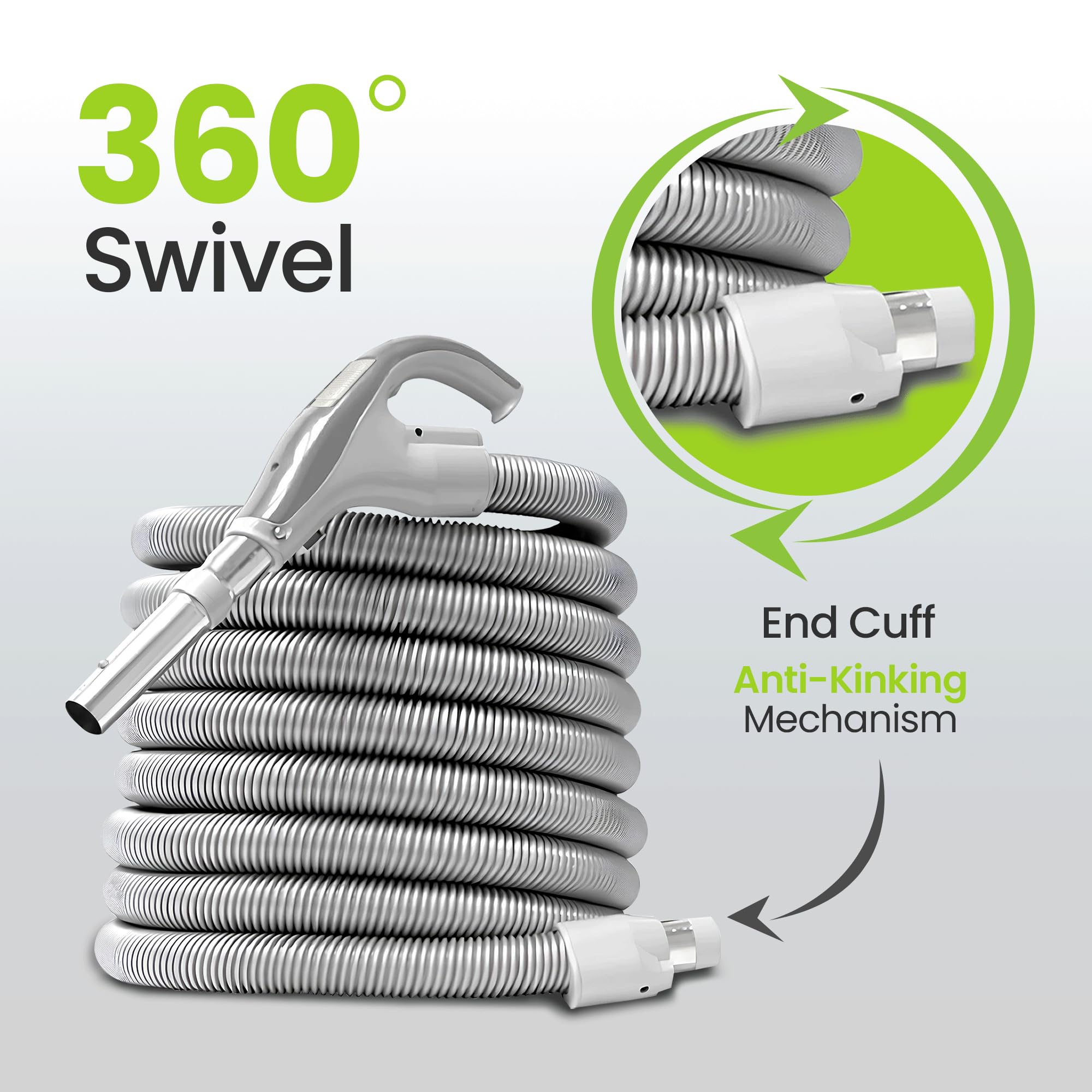 ULTRA CLEAN 50ft Central Vacuum Air Hose with Pistol-Grip Handle & 24V On/Off Switch - Compatible with BEAM, Electrolux, Eureka, Nutone Vacuums - Perfect for Whole-House Cleaning, Car Detailing & Workshop Use (Button-Lock Design)