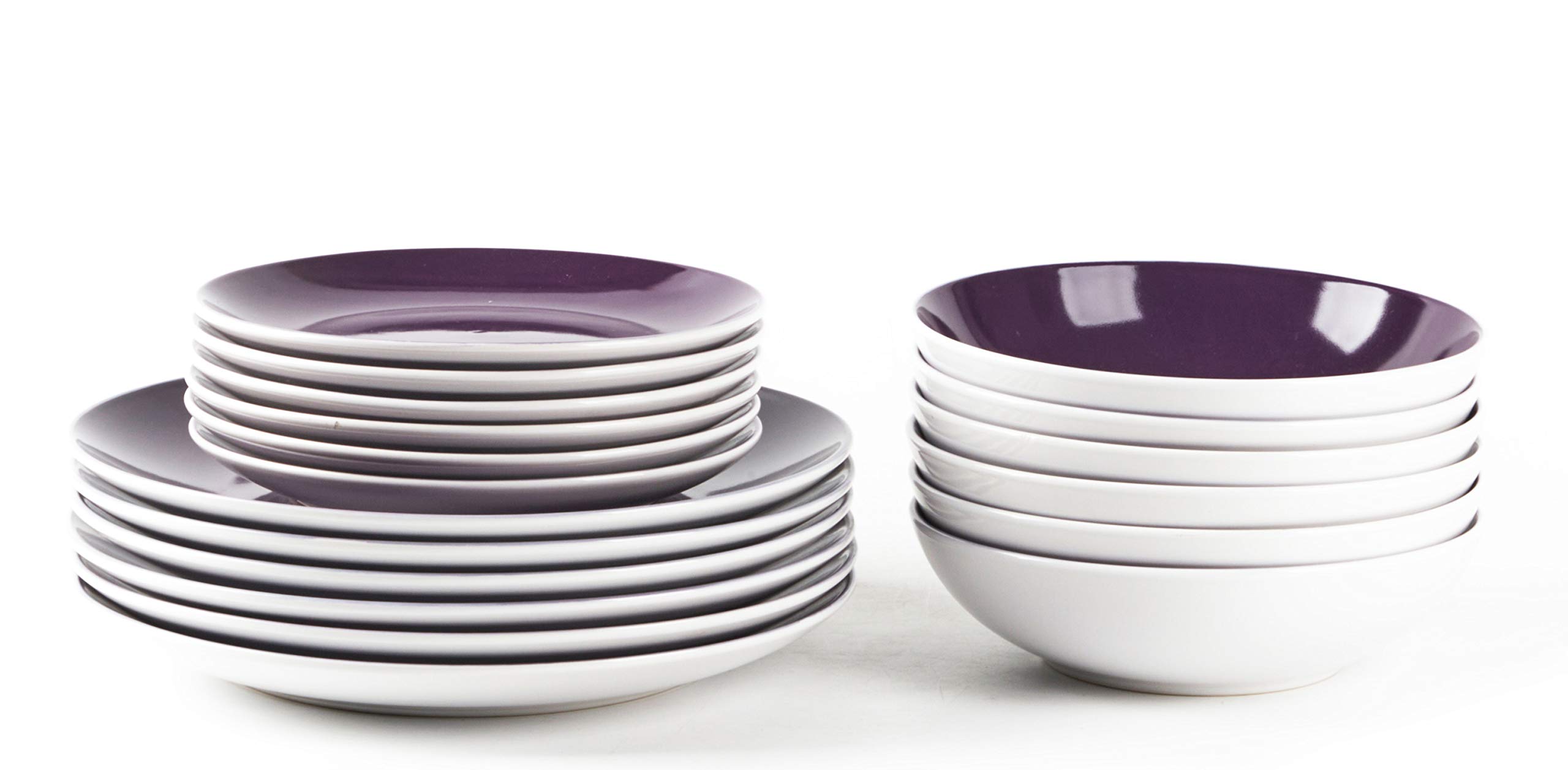 18-Piece Stoneware Coupe Dinnerware Set - White Exterior & Violet Interior - Elegant Tableware for Everyday Dining, Dinner Parties & Special Occasions