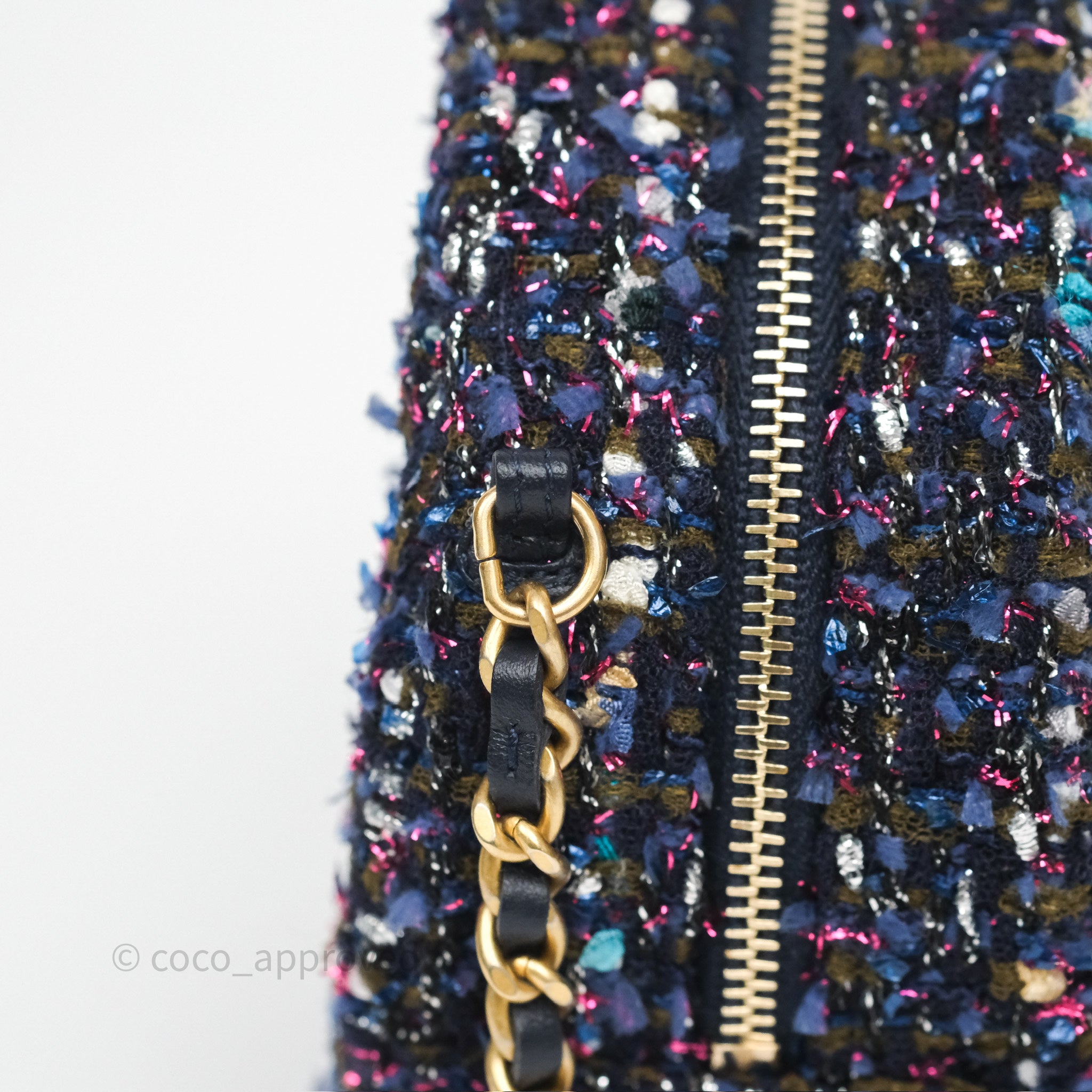 Chanel Navy Purple Tweed Round Clutch Bag with Chain & Aged Gold Hardware - Elegant Evening Clutch for Parties, Weddings & Special Events