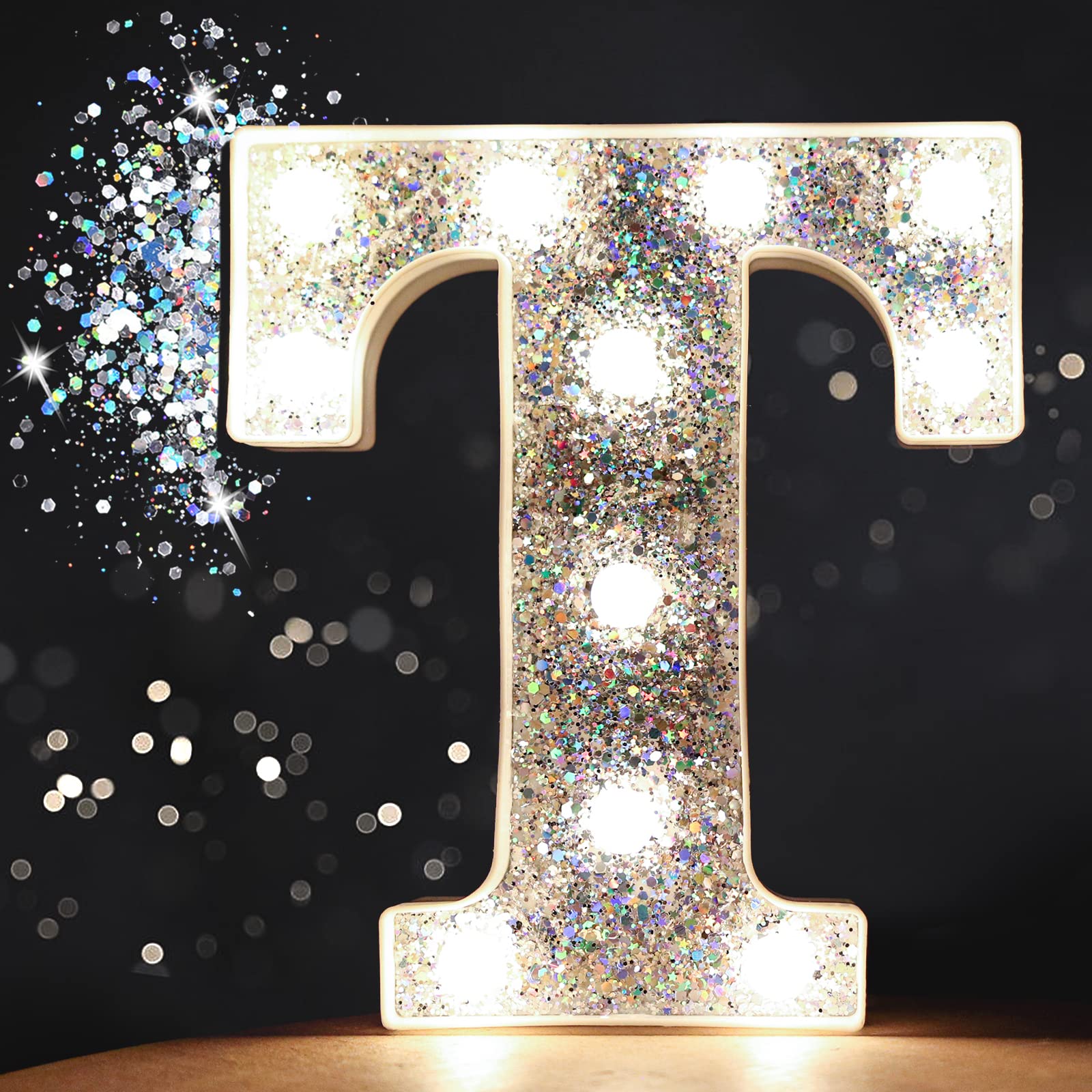 Pooqla LED Marquee Letter Lights - Silver Glitter Alphabet Sign with Battery Power for Night Light, Birthday Party, Wedding, Home Bar & Christmas Decorations - Perfect for Girls Gifts & Room Decor (Letter T)
