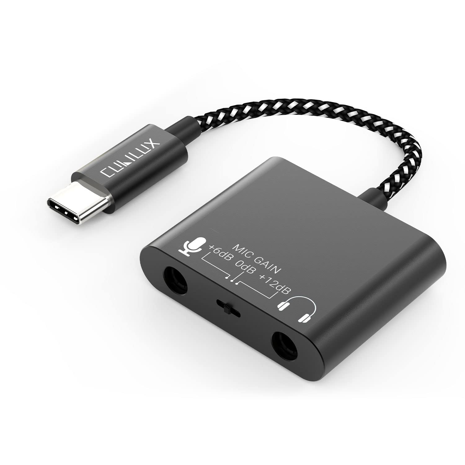Cubilux USB C Mic Splitter for Lavalier Microphone - TRS Headphone Mic Adapter with +12dB Gain - Type C to 3.5mm Audio Interface for Recording, Streaming & Podcasting - Compatible with Android, iPad, Mac, Windows & More - Perfect for Content Creators & Live Broadcasts