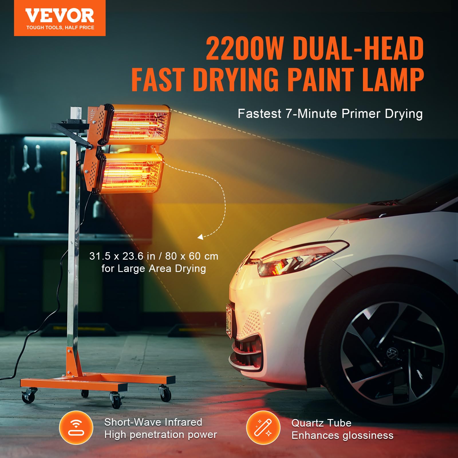 VEVOR 2000W Infrared Paint Curing Lamp - Fast Drying Car Bodywork Repair Heater with Stand | Professional Automotive Paint Dryer for DIY & Auto Shops | Perfect for Detailing, Touch-Ups & Restoration Projects