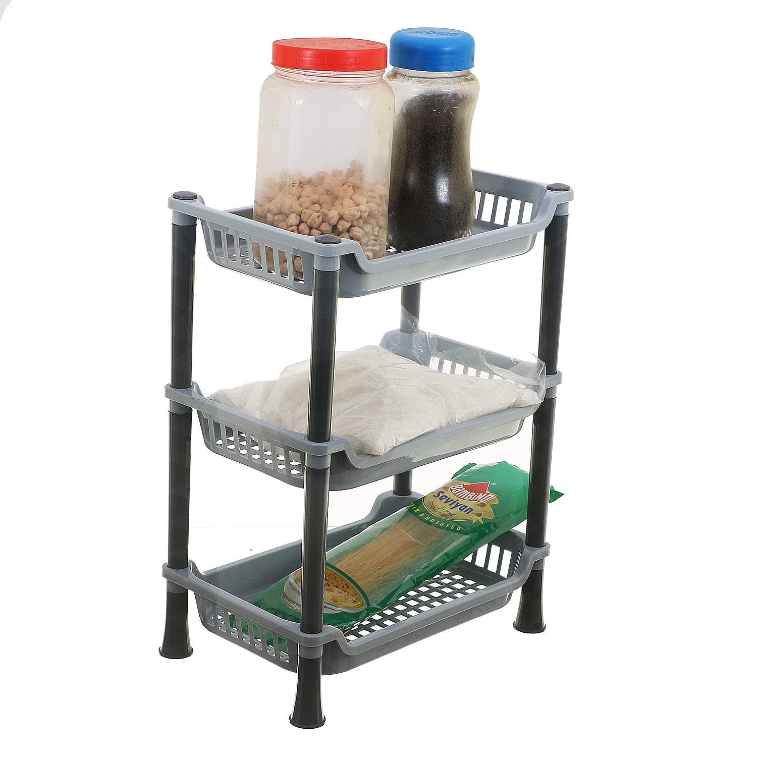 Kuber Industries 3-Tier Plastic Kitchen Storage Rack - Space Saving Organizer for Spices, Utensils & Cookware - Perfect for Small Kitchens & Countertops (Grey)