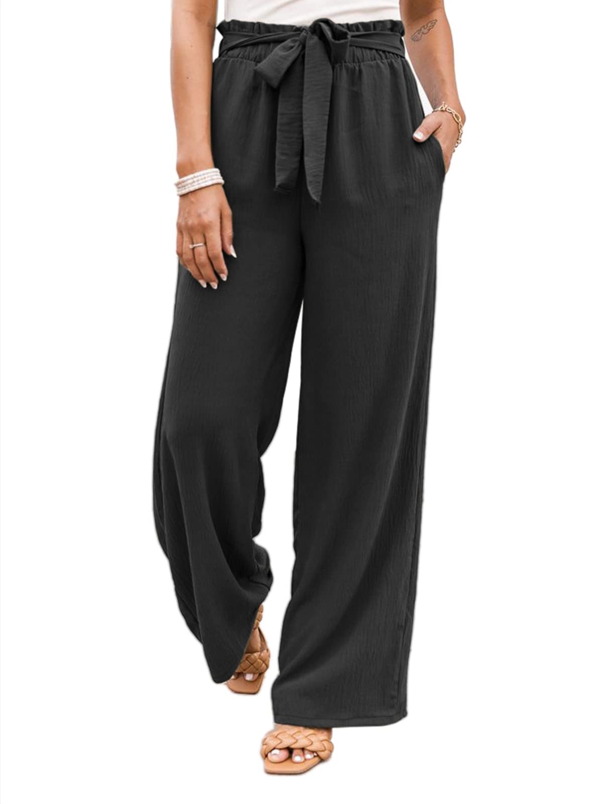 NIMIN Women's High Waisted Wide Leg Pants - Business Casual Work Pants with Pockets | Loose Flowy Summer Beach Trousers for Office, Travel & Vacation