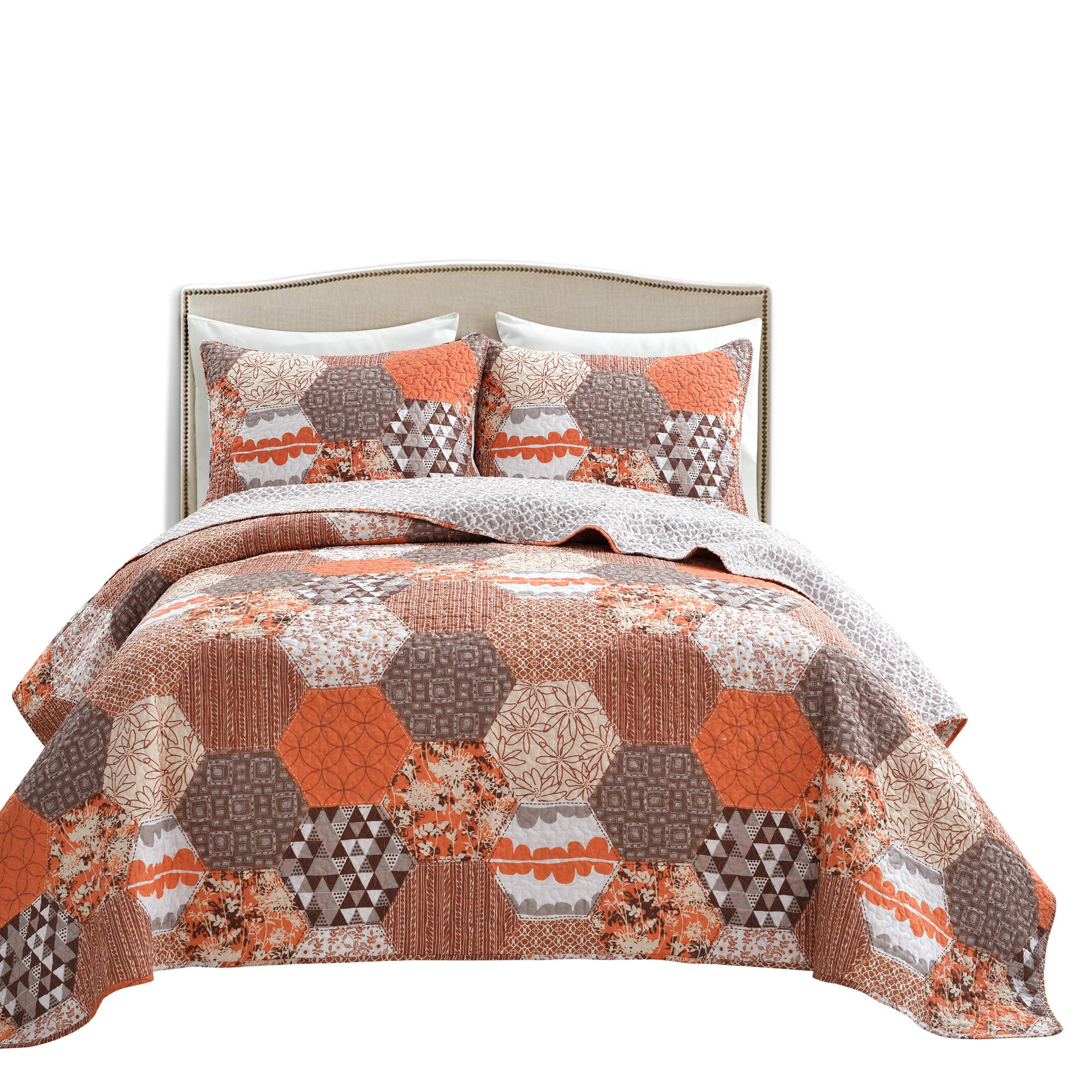 Lush Decor Briley 3-Piece King Size Quilt Set in Tangerine Orange - Luxury Bedding for Master Bedroom & Guest Room Decor
