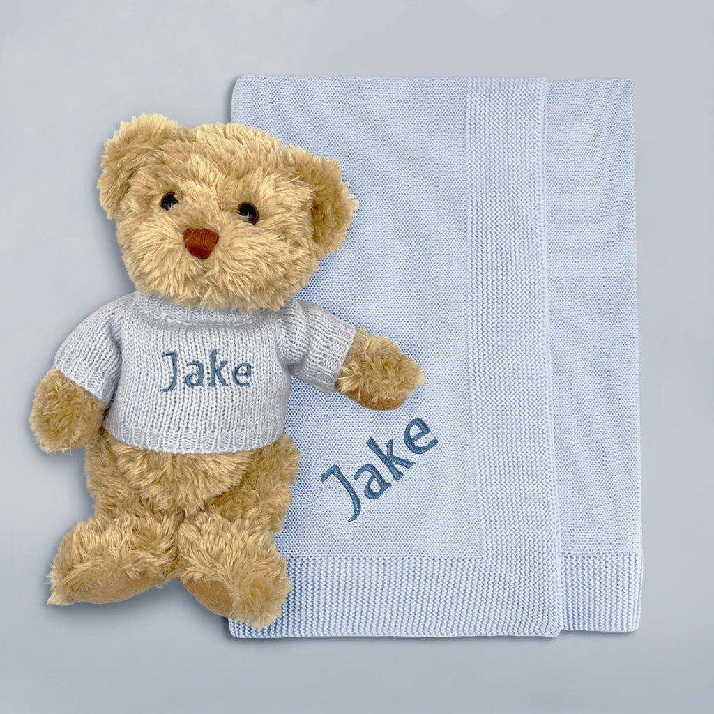 Personalized Blue Bertie Bear Plush Toy with Soft Blanket - Perfect for Baby Showers, Birthdays, and Cuddling