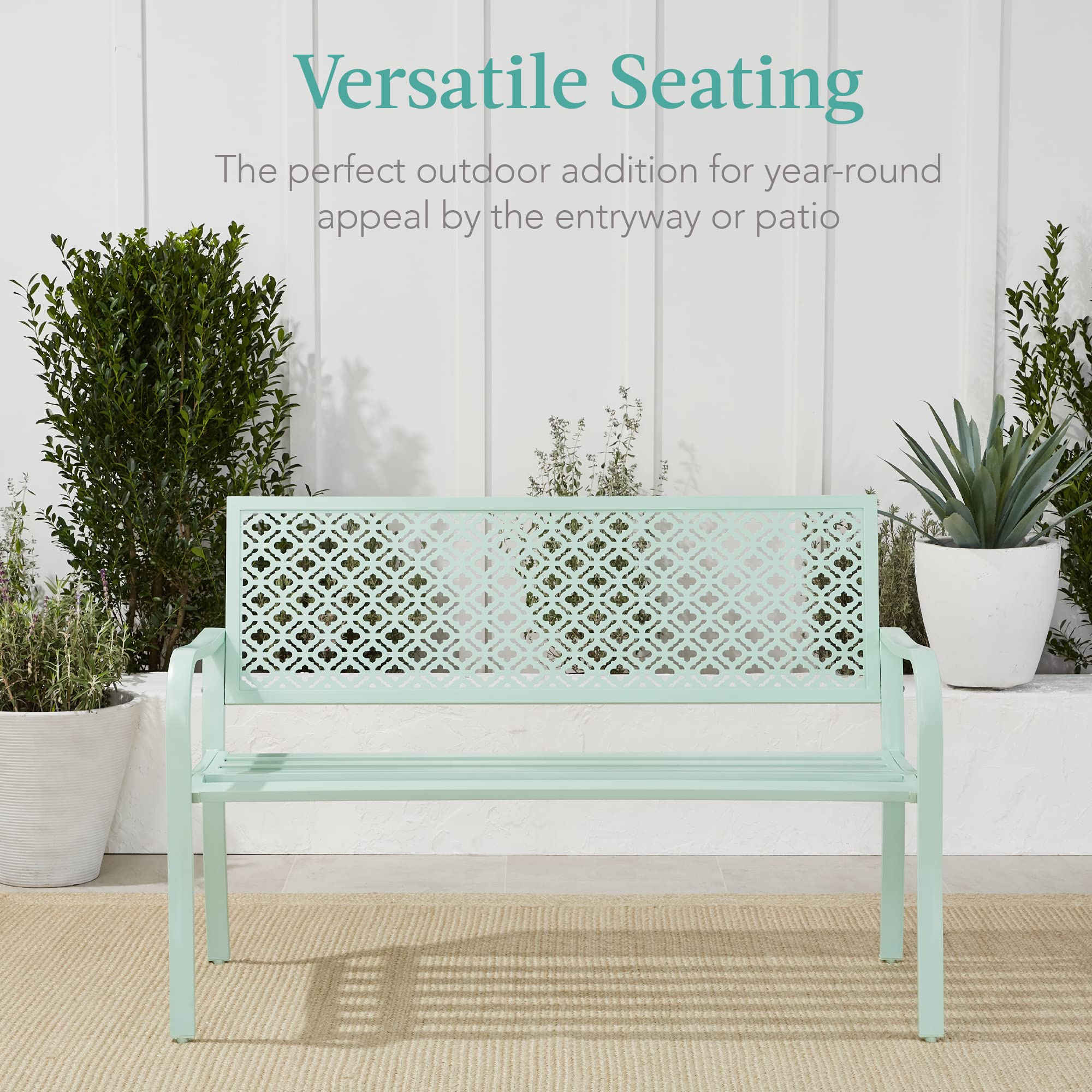 Best Choice Products 2-Person Outdoor Metal Bench with Geometric Backrest - 790lb Weight Capacity, Mint Green Steel Garden Bench for Patio, Porch, Entryway - Perfect for Outdoor Relaxation and Garden Decor