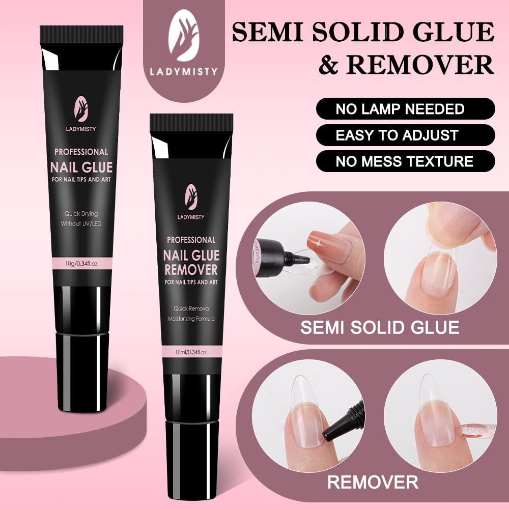 Upgraded 5-Second Quick Dry 10g Nail Glue for Press On Nails & 10ml Nail Glue Remover - No UV Lamp Needed, Long Lasting Acrylic Nail Adhesive Kit - Perfect for Salon, Home Manicures & Nail Art