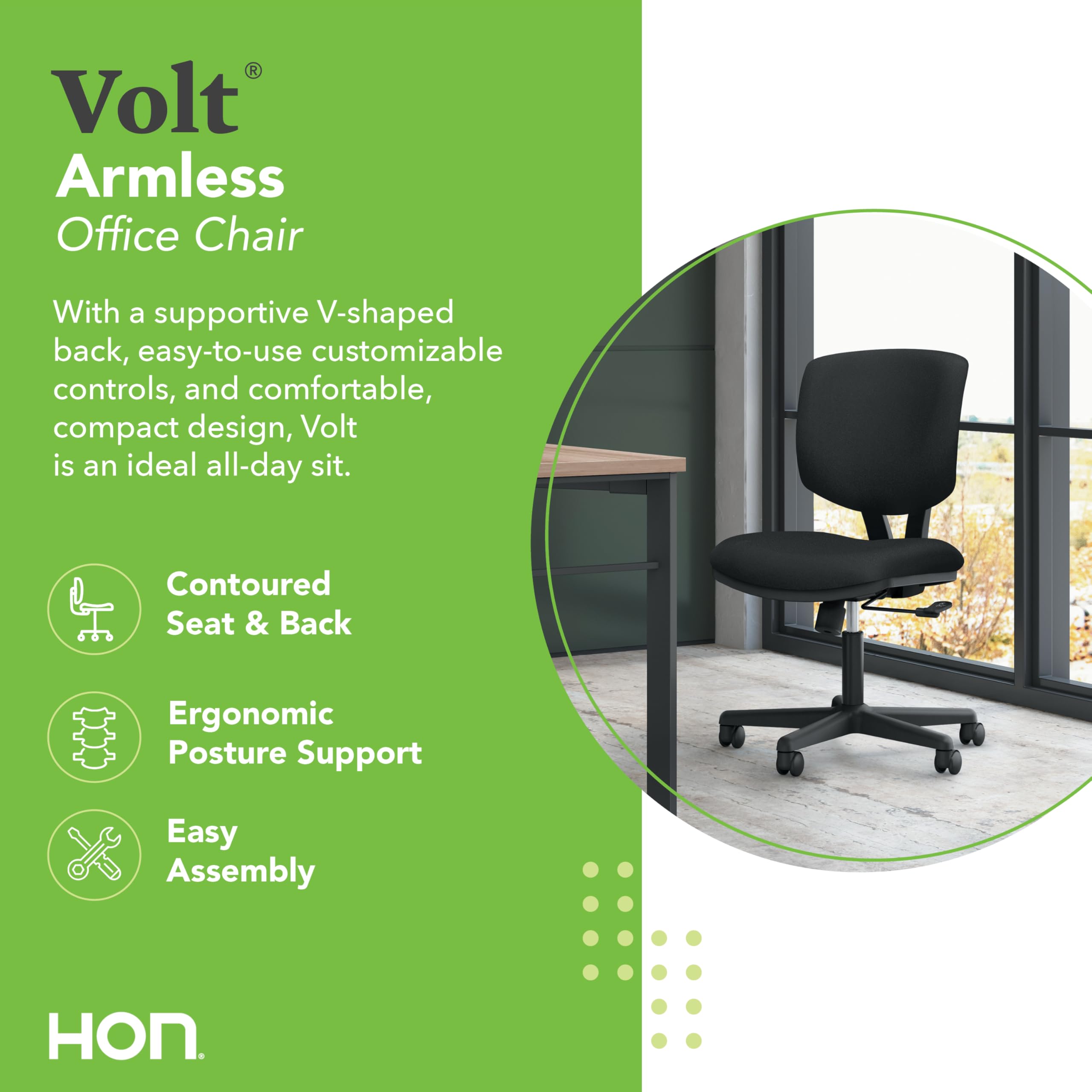 HON Volt Task Chair - Ergonomic Office Desk Chair with Adjustable Height & Lumbar Support, Black (5701) - Perfect for Home Office, Gaming & Workspace Comfort