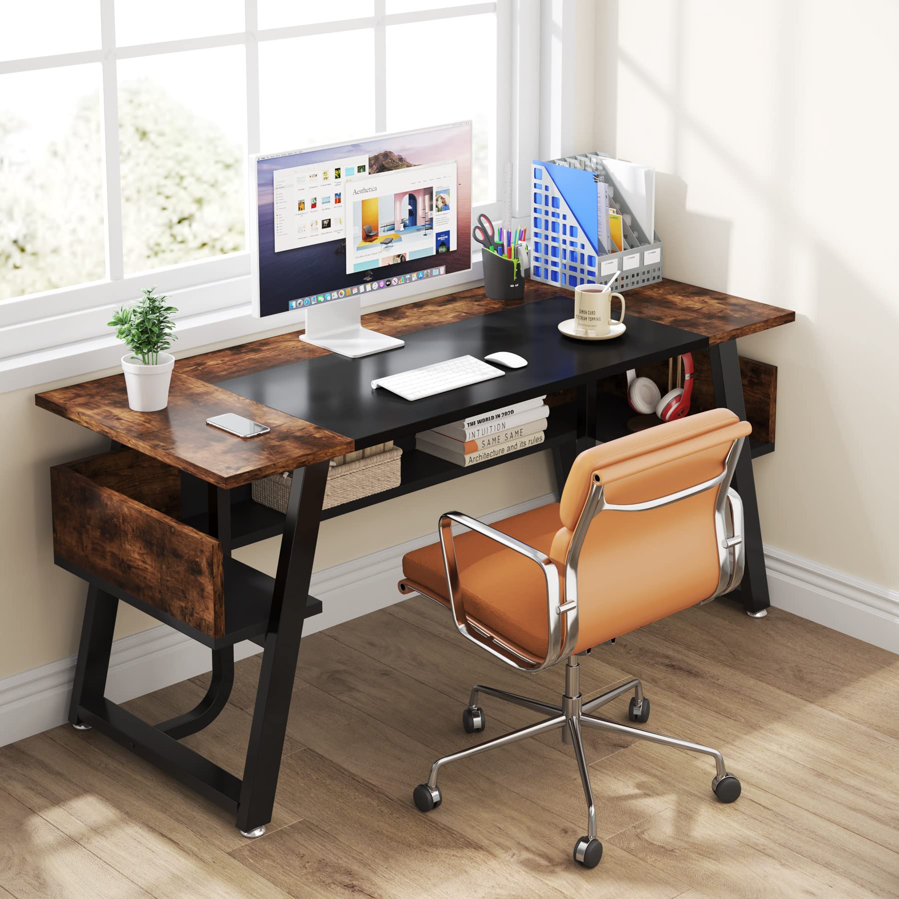 Tribesigns 63 Inch Modern Computer Desk with Storage Shelf - Sturdy Wooden Office Desk with Metal Frame for Home Office, Study, Bedroom | Large Writing Table & Business Workstation (Black Brown) - Perfect for Remote Work, Gaming, and Small Spaces