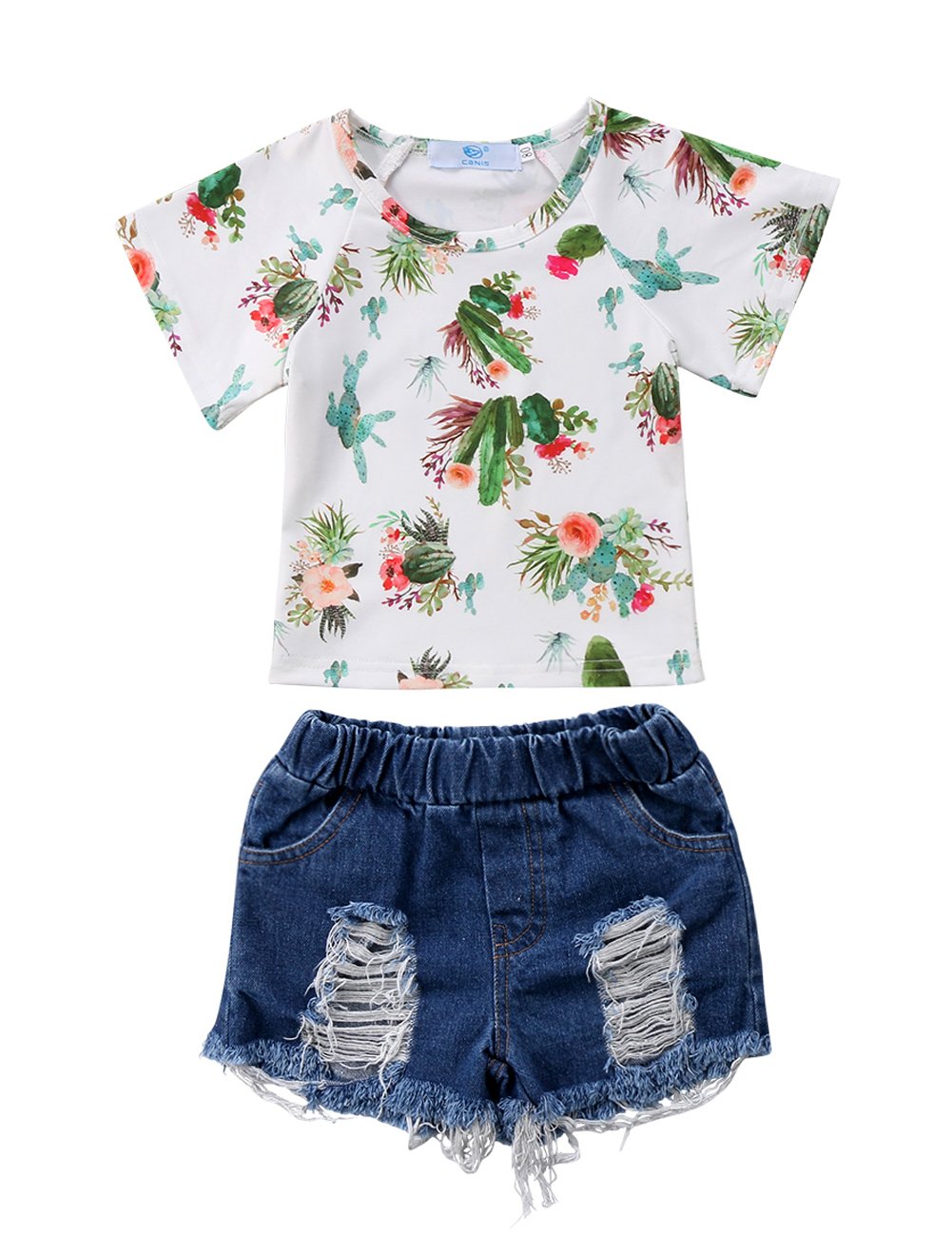 Little Baby Girls Short Sleeve Cactus T-Shirt & Distressed Denim Shorts Outfit Set - Cute Summer Playtime Clothes for Toddlers