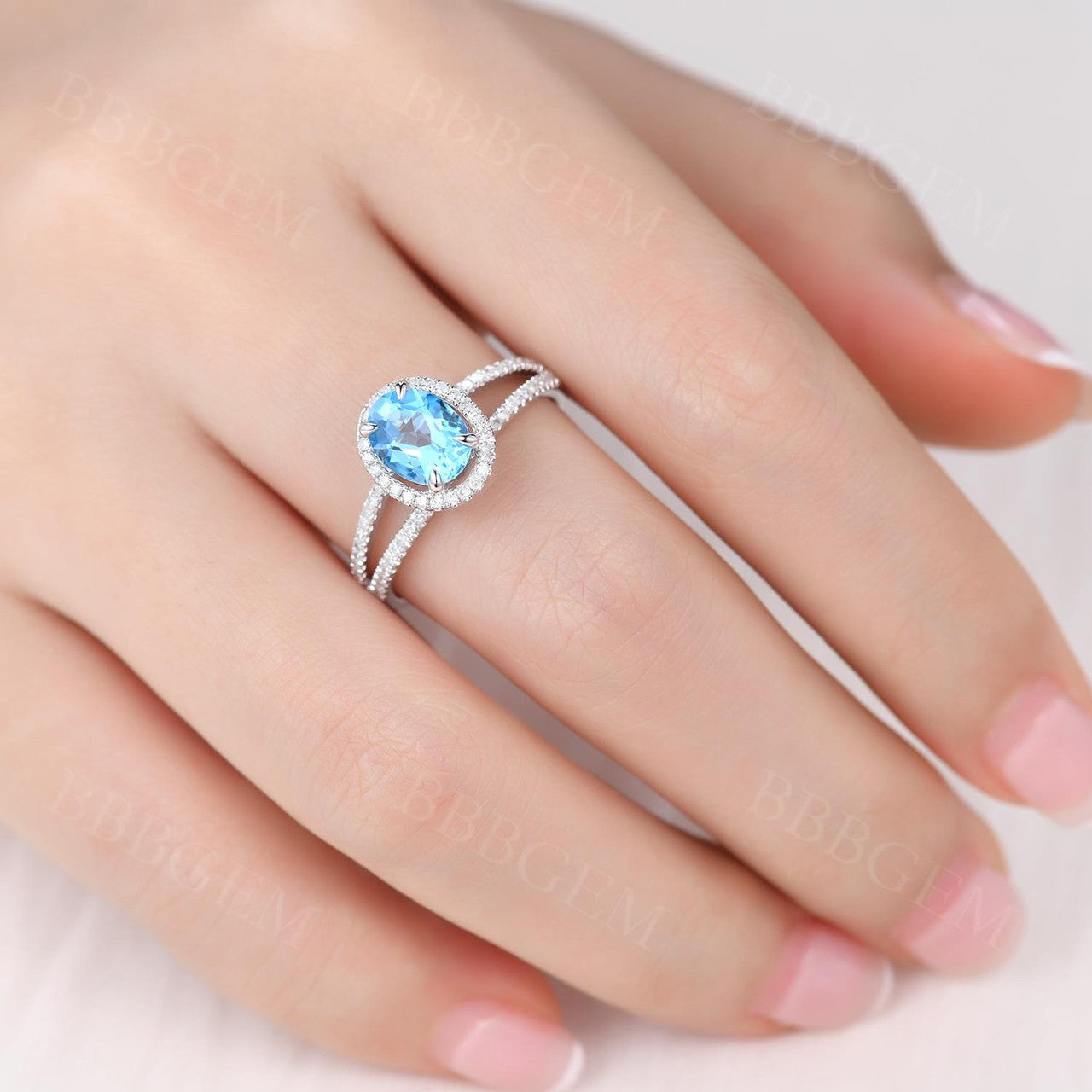 14K White Gold Sky Topaz and Diamond Engagement Ring, 6x8mm Custom Bridal Wedding Promise Ring, Handcrafted Fine Jewelry with Prong Setting - Perfect for Proposals, Anniversaries, and Special Occasions
