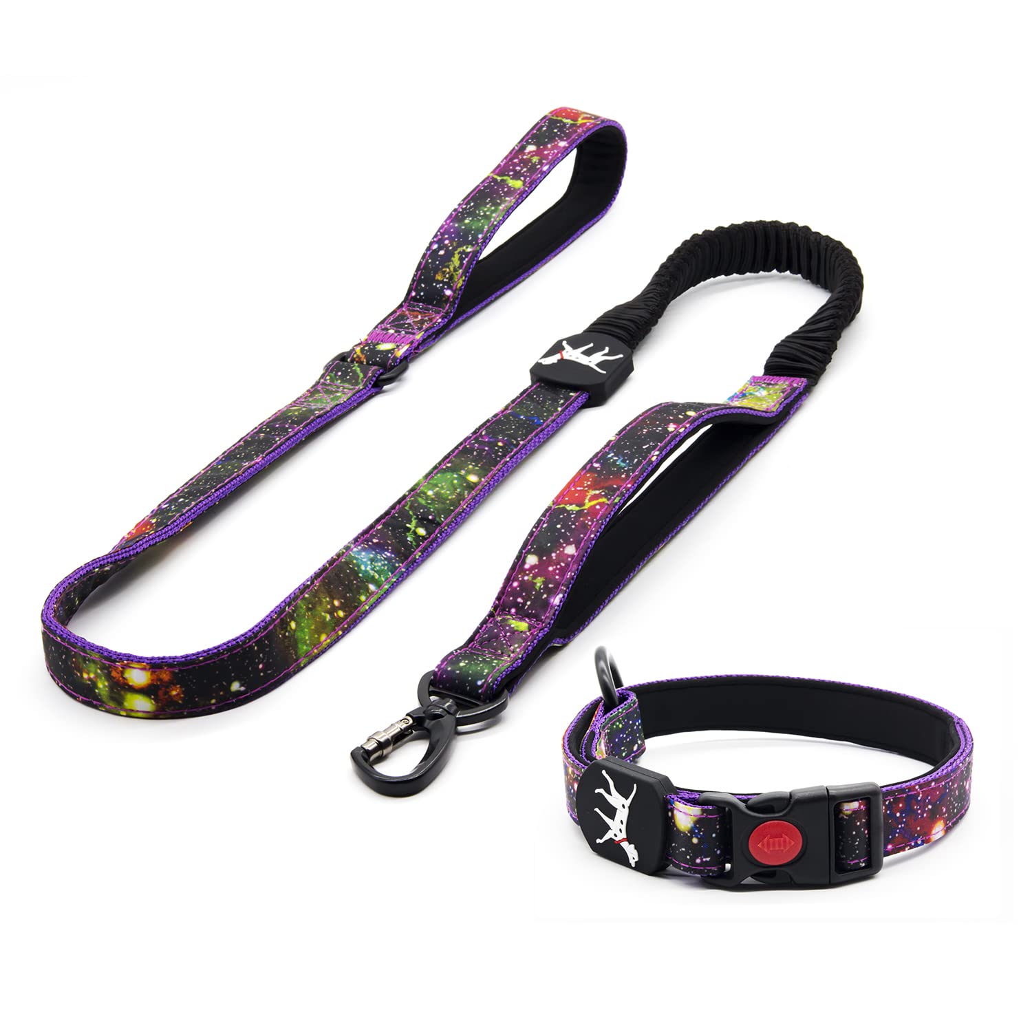 Heavy Duty Bungee Dog Collar and Leash Set - Adjustable 4-6Ft Training Leash with 2 Control Handles for Medium & Large Dogs - Soft Padded for Comfort - Perfect for Daily Walks, Jogging & Outdoor Adventures (Size: L-Galaxy)