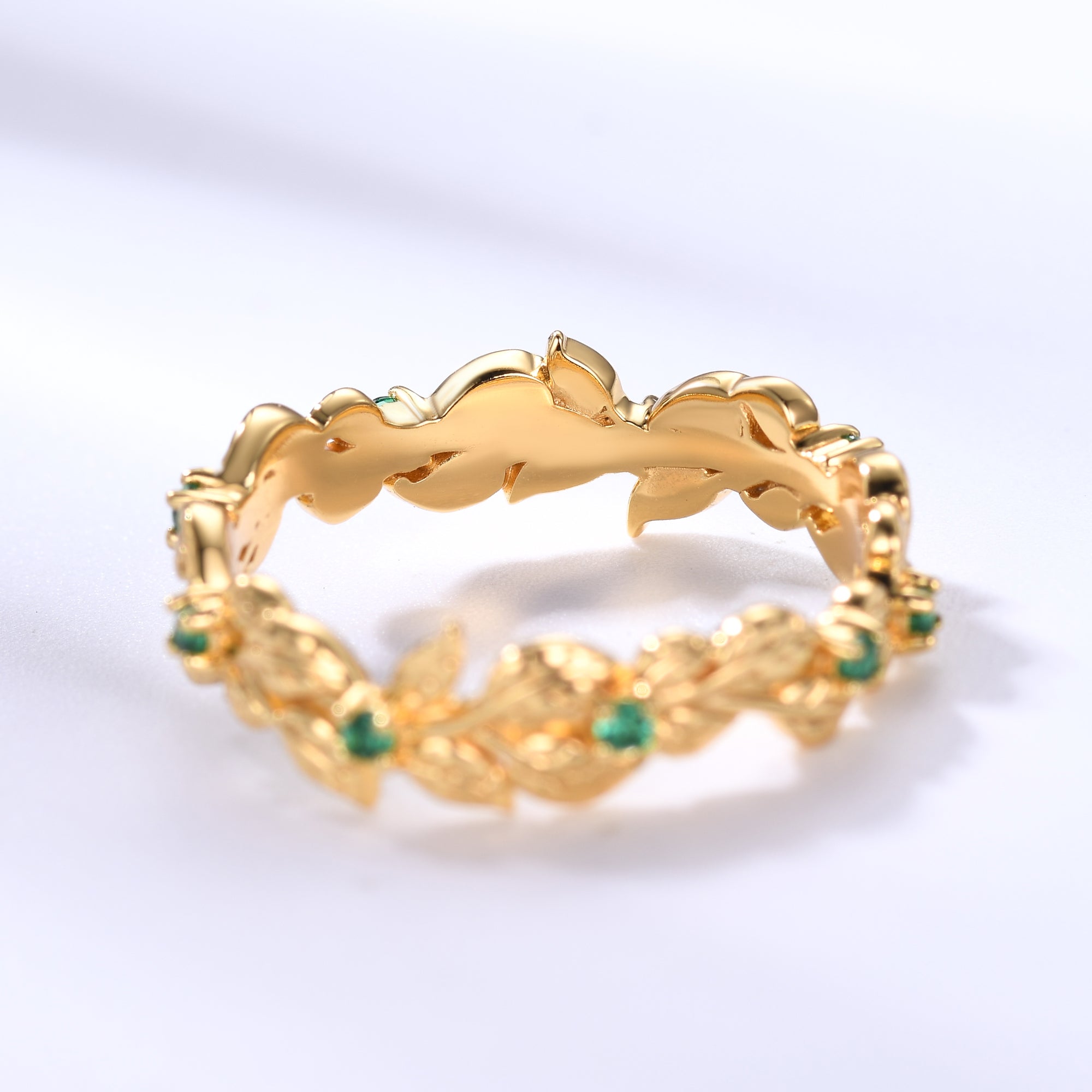 Natural Emerald Green Wedding Band - 14K Yellow Gold Floral Full Eternity Ring for Women | Elegant Bridal Jewelry, Anniversary Gift & Special Occasion Ring
